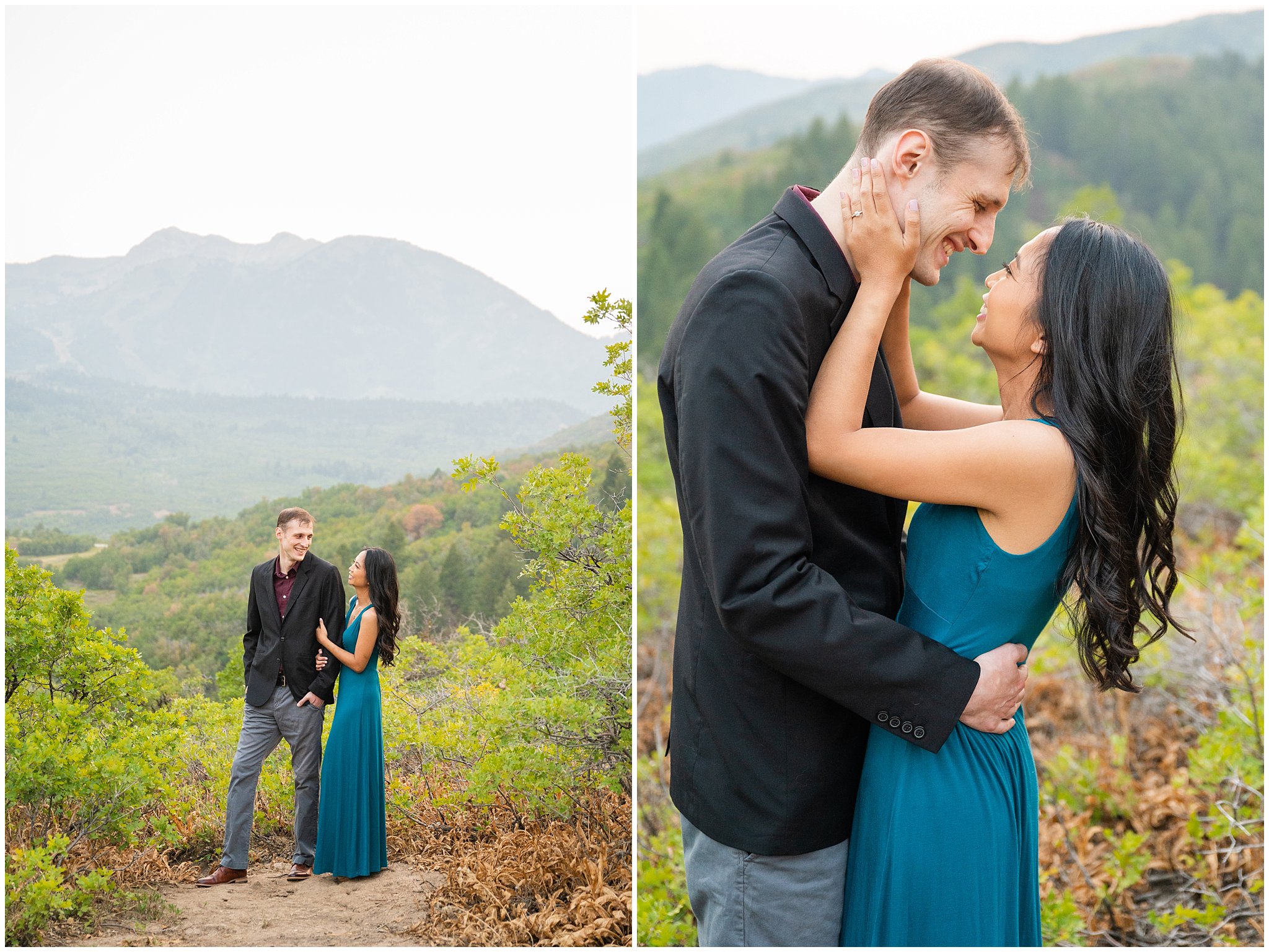 Couple dressed up in formal attire and laughing in the mountains | Summer Utah Mountain Engagement | Jessie and Dallin Photography