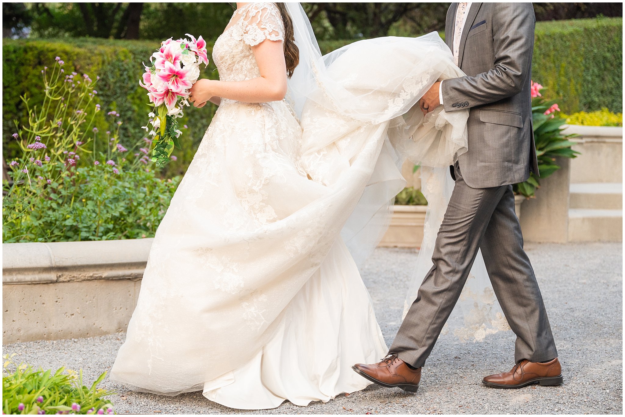 Bride and Groom details during wedding portraits during the summer surrounded by flowers and gardens | Thanksgiving Point Ashton Garden Formal Session | Jessie and Dallin Photography
