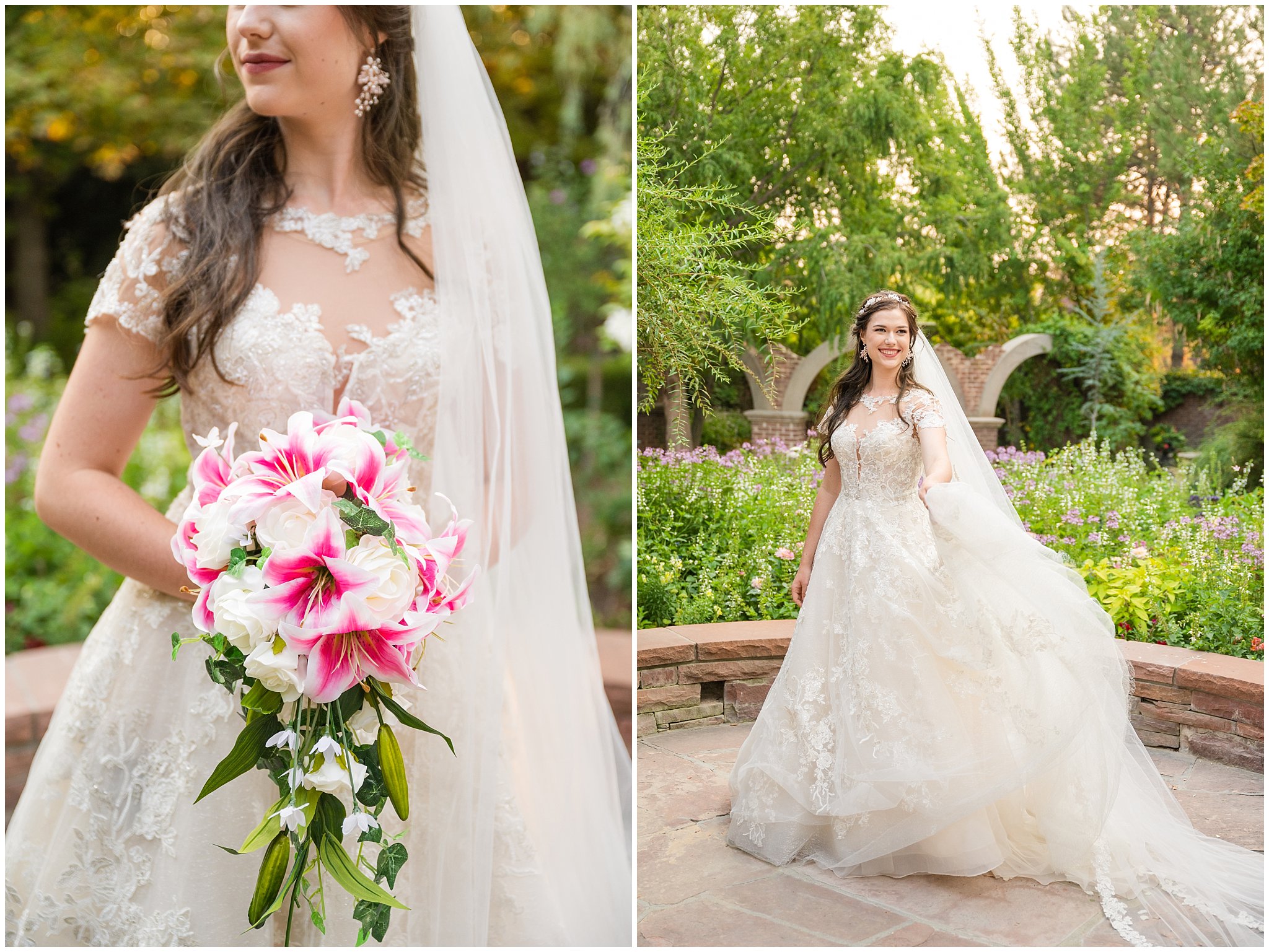 Bridal portraits during wedding portraits during the summer surrounded by flowers and gardens | Thanksgiving Point Ashton Garden Formal Session | Jessie and Dallin Photography