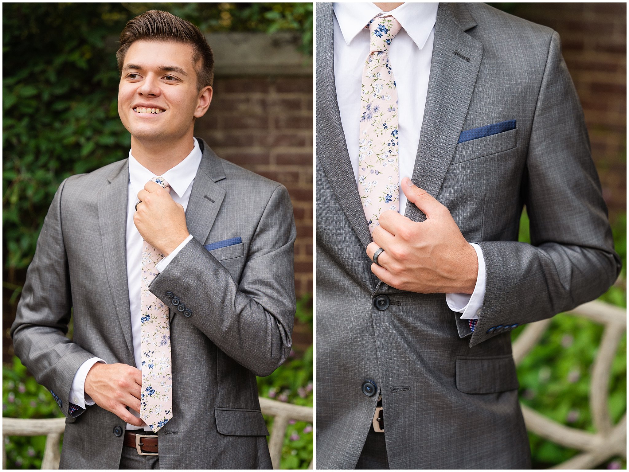 Groom portraits during wedding portraits during the summer surrounded by flowers and gardens | Thanksgiving Point Ashton Garden Formal Session | Jessie and Dallin Photography