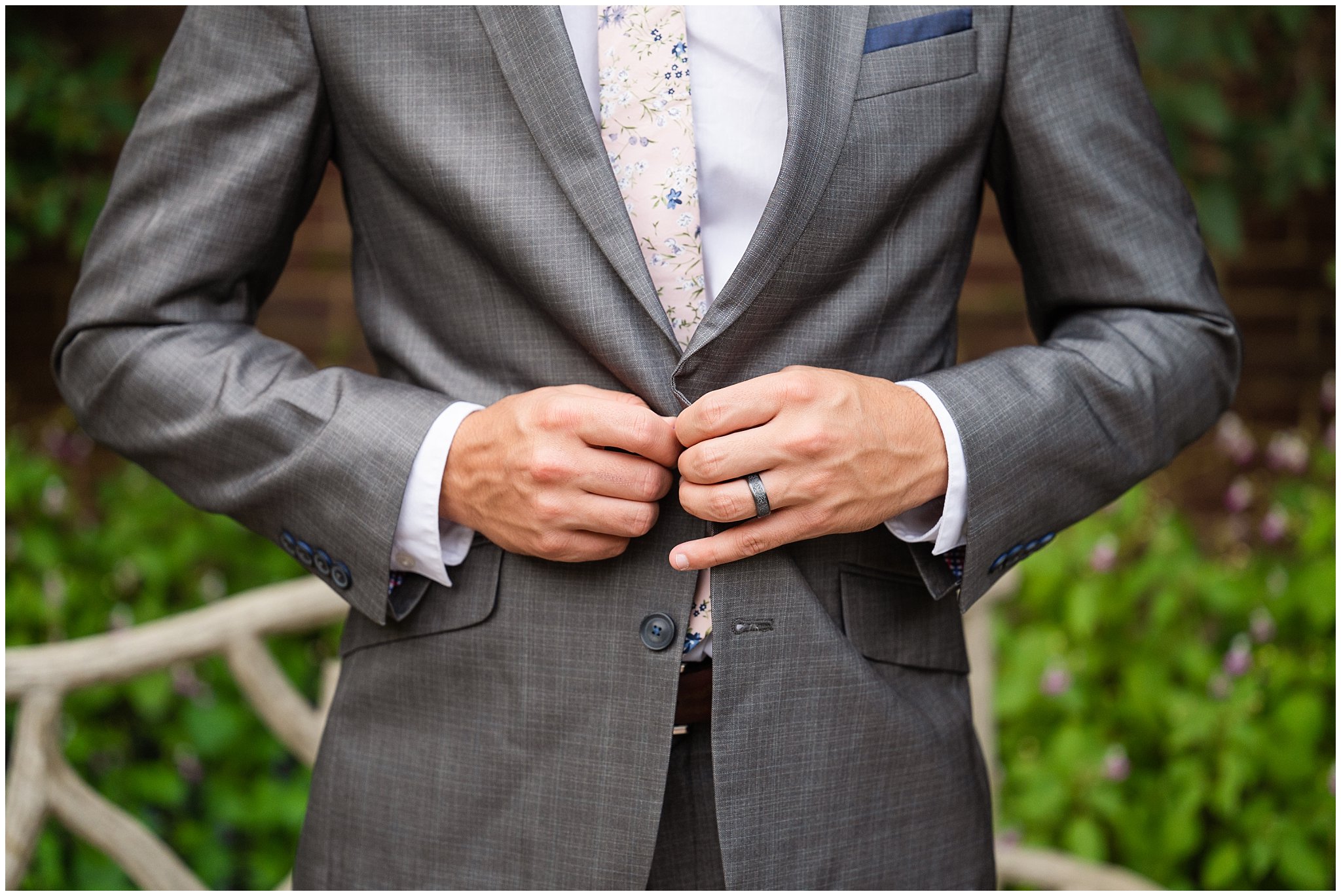 Groom details during wedding portraits during the summer surrounded by flowers and gardens | Thanksgiving Point Ashton Garden Formal Session | Jessie and Dallin Photography