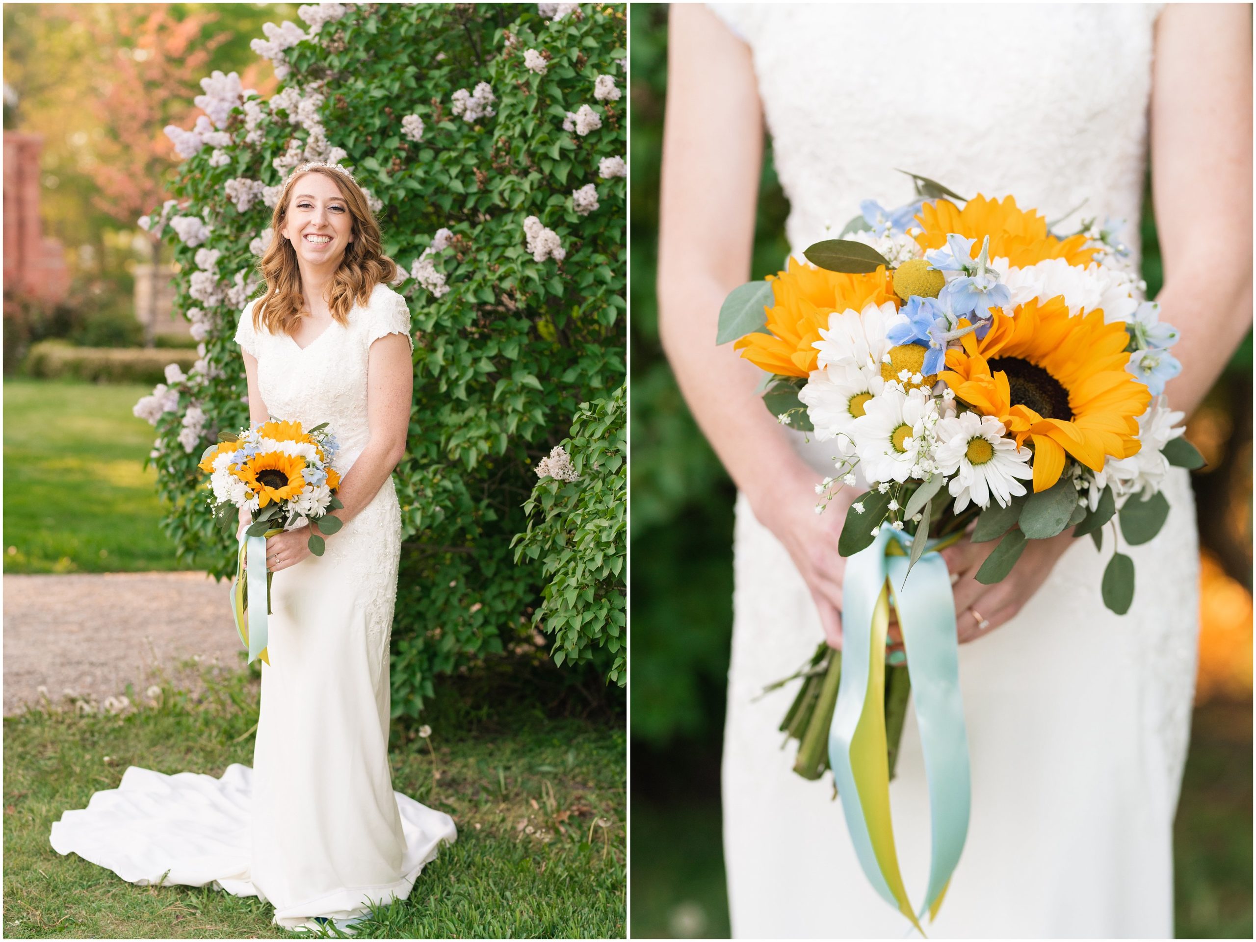Bride and Groom wearing Converse shoes, navy suit with yellow tie, and sunflower bouquet in Salt Lake City | International Peace Gardens Formal Session | Jessie and Dallin Photography