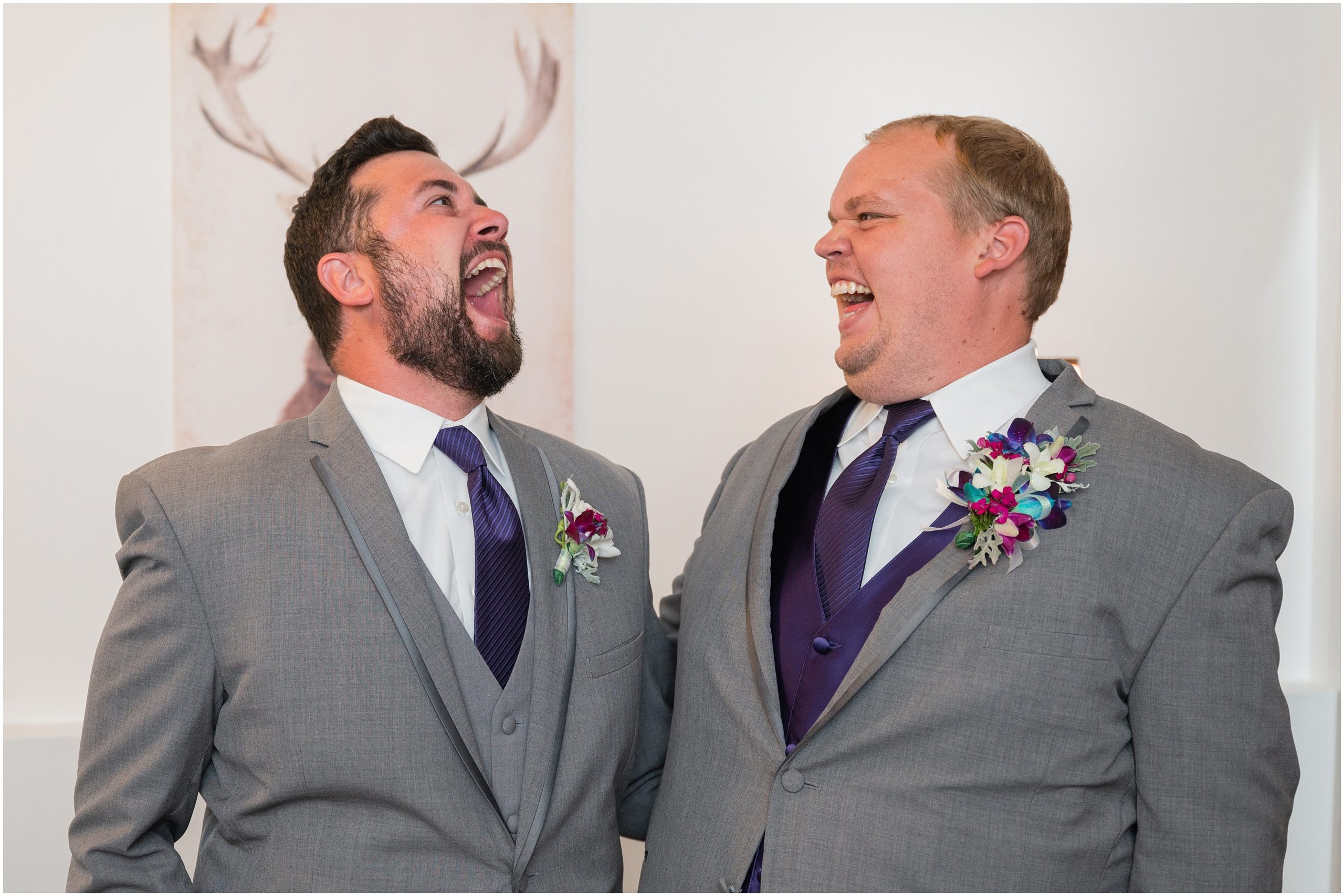 Groom and Groomsmen in grey suits getting ready | Orchid Inspired Summer Wedding at Oak Hills Utah | Jessie and Dallin Photography