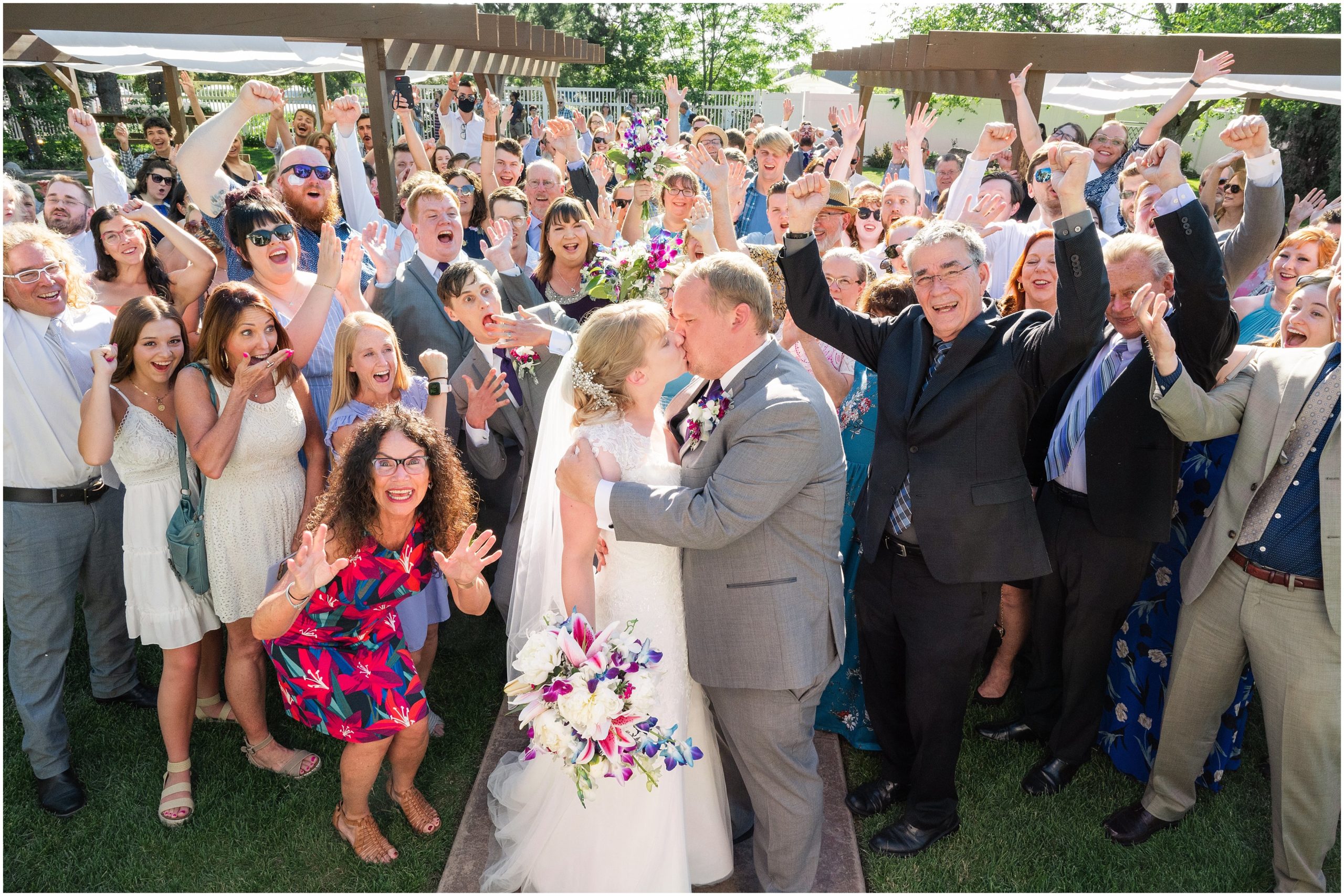 Full group of guests after ceremony | Orchid Inspired Summer Wedding at Oak Hills Utah | Jessie and Dallin Photography