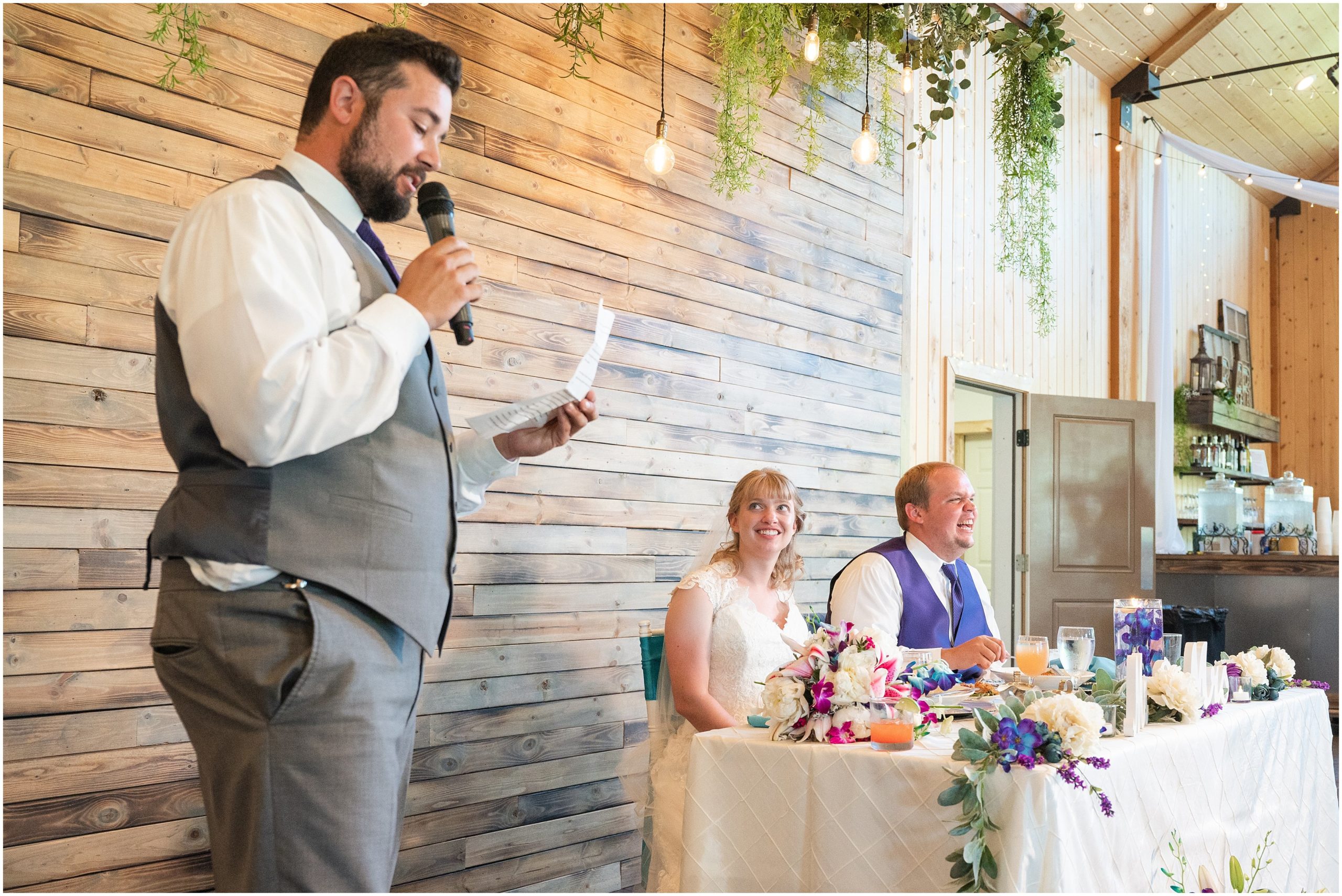 Barn wedding reception | Orchid Inspired Summer Wedding at Oak Hills Utah | Jessie and Dallin Photography