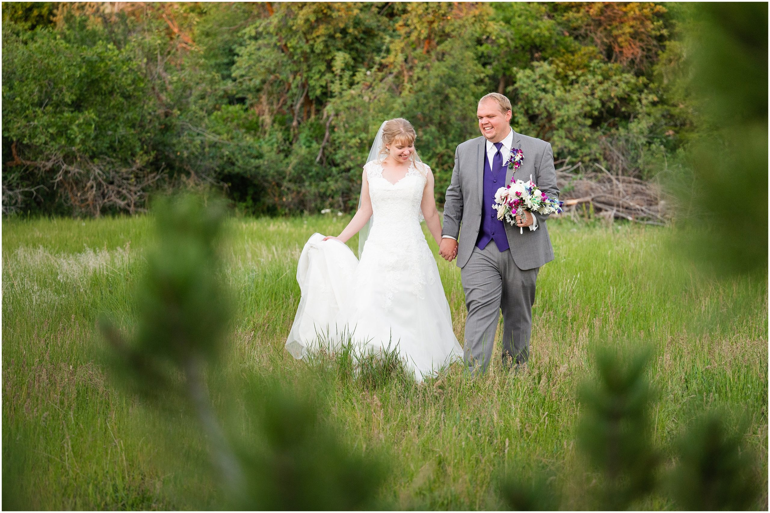 Bride and groom portraits in from of trees and mountains | Orchid Inspired Summer Wedding at Oak Hills Utah | Jessie and Dallin Photography