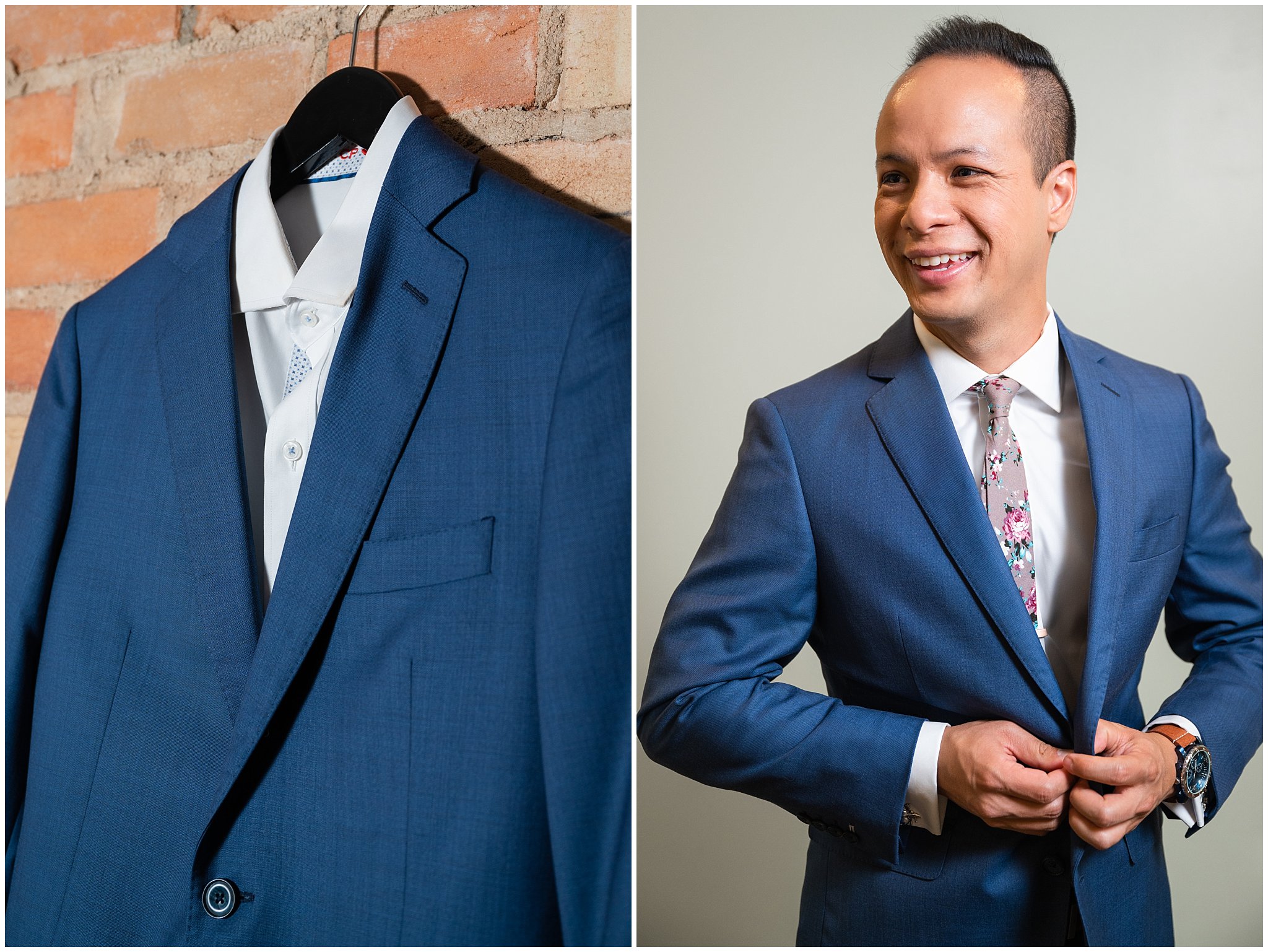 Groom getting ready in blue suit | Cactus and Tropicals and Salt Lake Church Wedding | Jessie and Dallin Photography