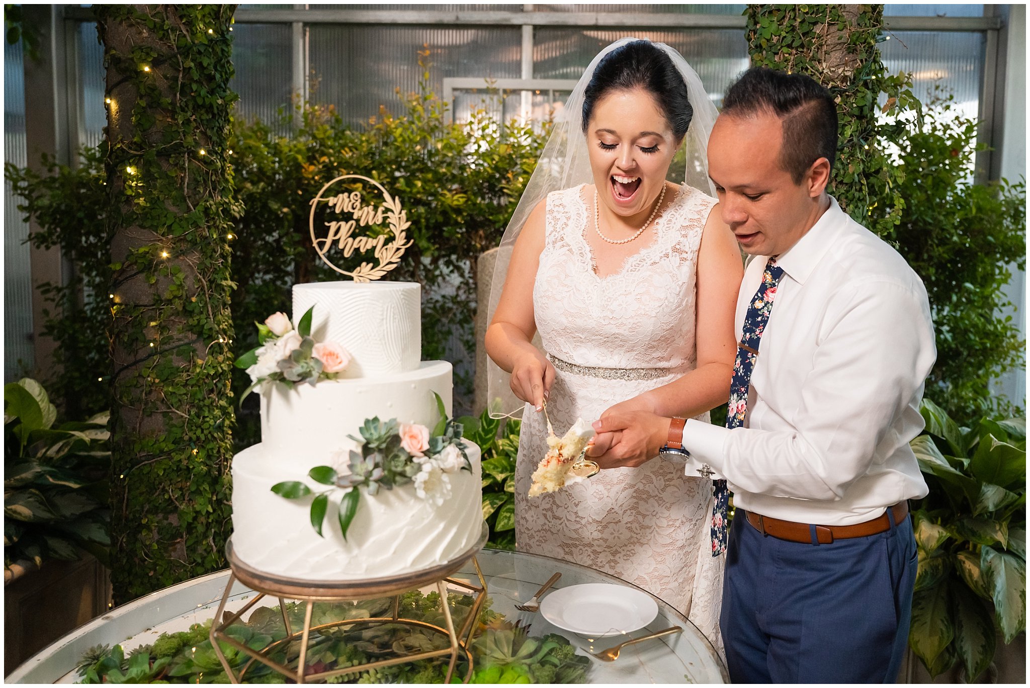 Floral cake and Greenhouse reception at Cactus and Tropicals | Cactus and Tropicals and Salt Lake Church Wedding | Jessie and Dallin Photography
