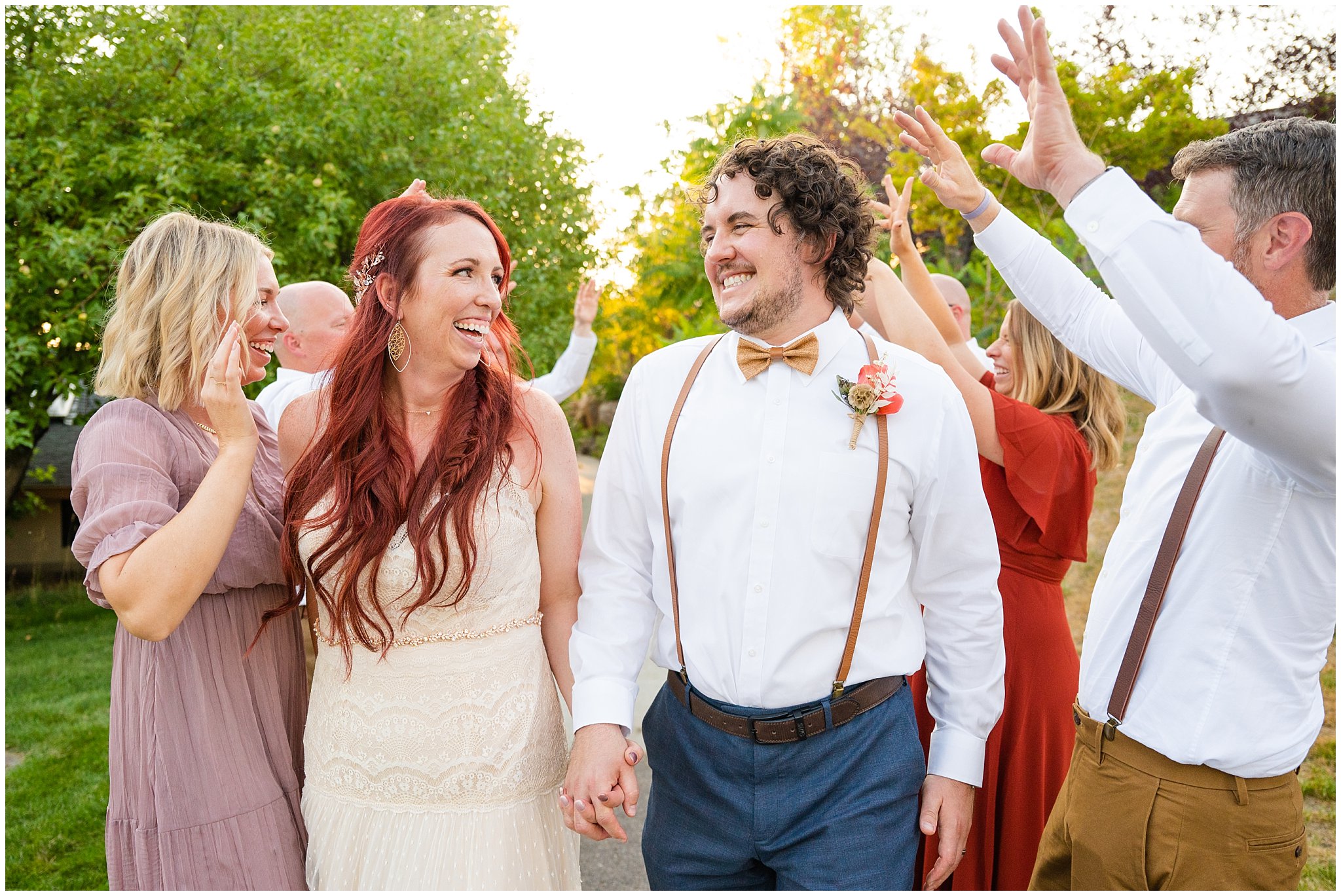 Wedding party with boho fall colors and long dresses and bowties | Logan Utah Outdoor Summer Wedding | Jessie and Dallin Photography