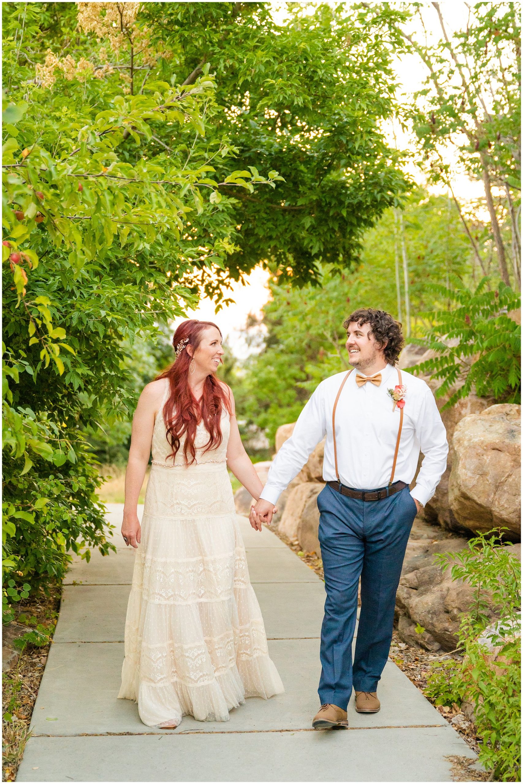 Bride and groom portraits in boho lace dress and suspenders and bowtie at Lions Park in Cache Valley | Logan Utah Outdoor Summer Wedding | Jessie and Dallin Photography