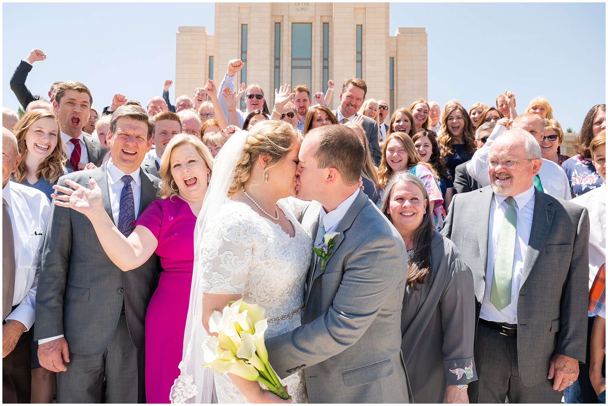 Group photo cheering at temple | Oquirrh Mountain Temple and Millennial Falls Wedding | Jessie and Dallin Photography