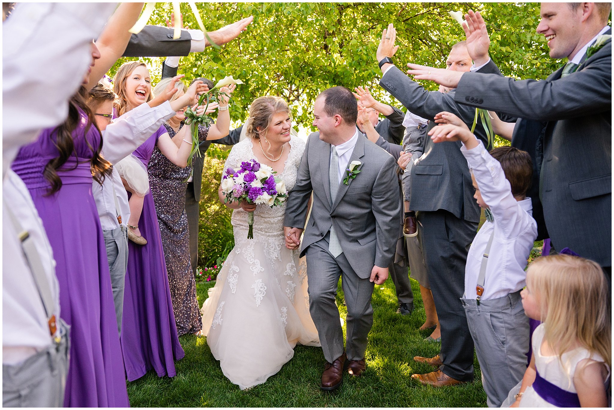 Bride and groom with wedding party and family | Oquirrh Mountain Temple and Millennial Falls Wedding | Jessie and Dallin Photography