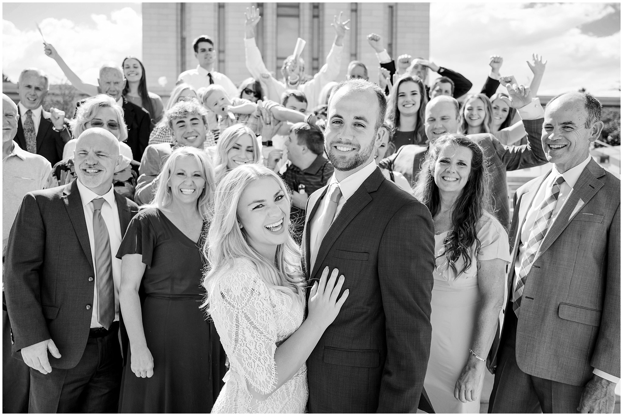 Portraits with family and friends after sealing | Summer Carnival and Oquirrh Mountain Temple Wedding | Jessie and Dallin Photography