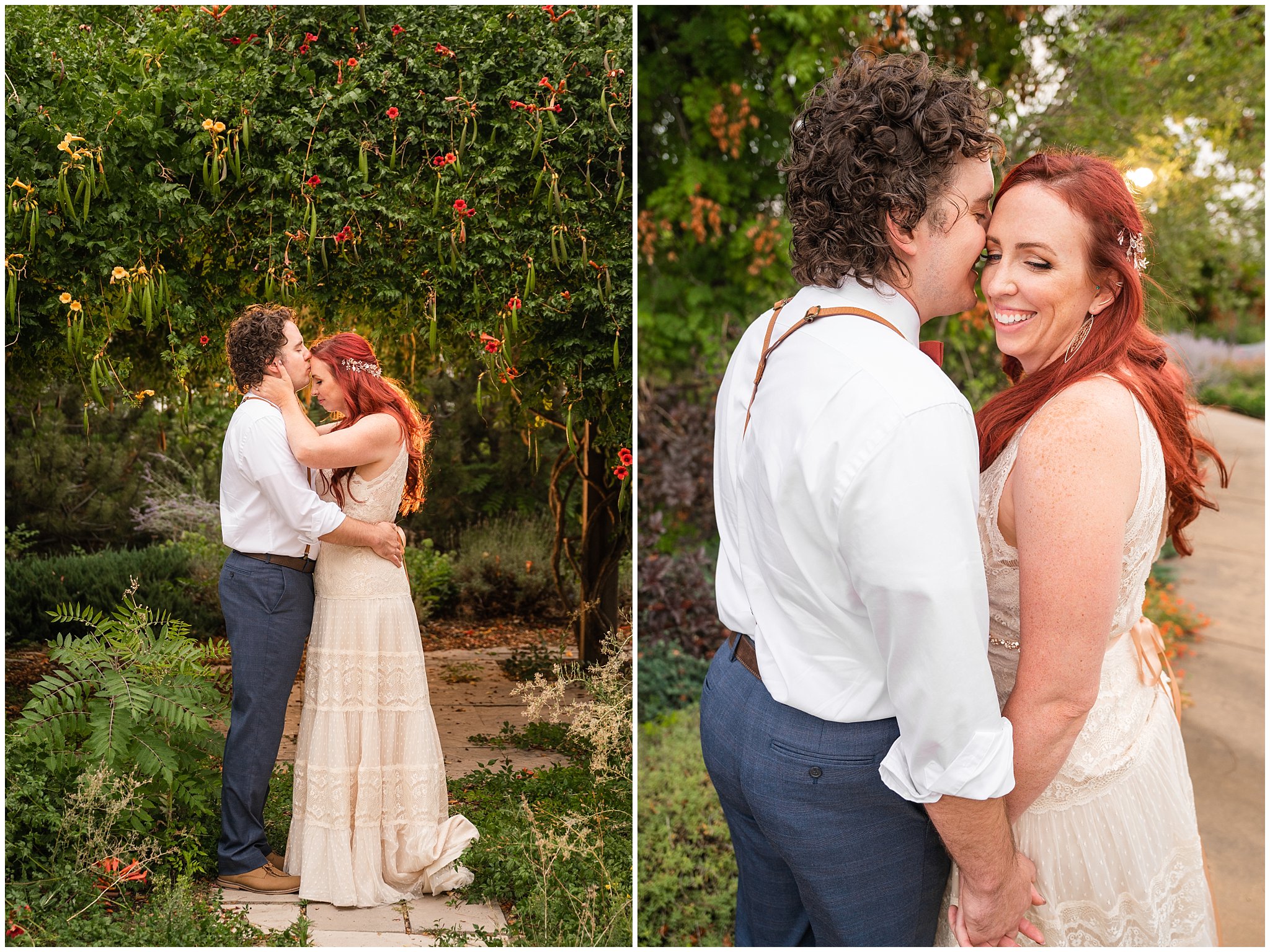 Bride and groom portraits in boho lace dress and suspenders and bowtie at the Kaysville Ponds | Logan Utah Outdoor Summer Wedding | Jessie and Dallin Photography