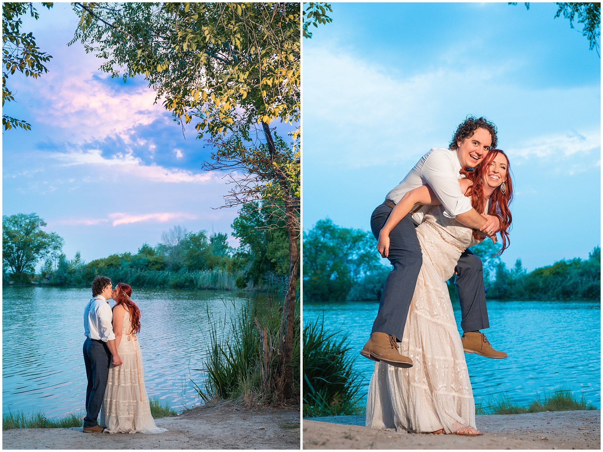 Bride and groom portraits in boho lace dress and suspenders and bowtie during sunset at the Kaysville Ponds | Logan Utah Outdoor Summer Wedding | Jessie and Dallin Photography