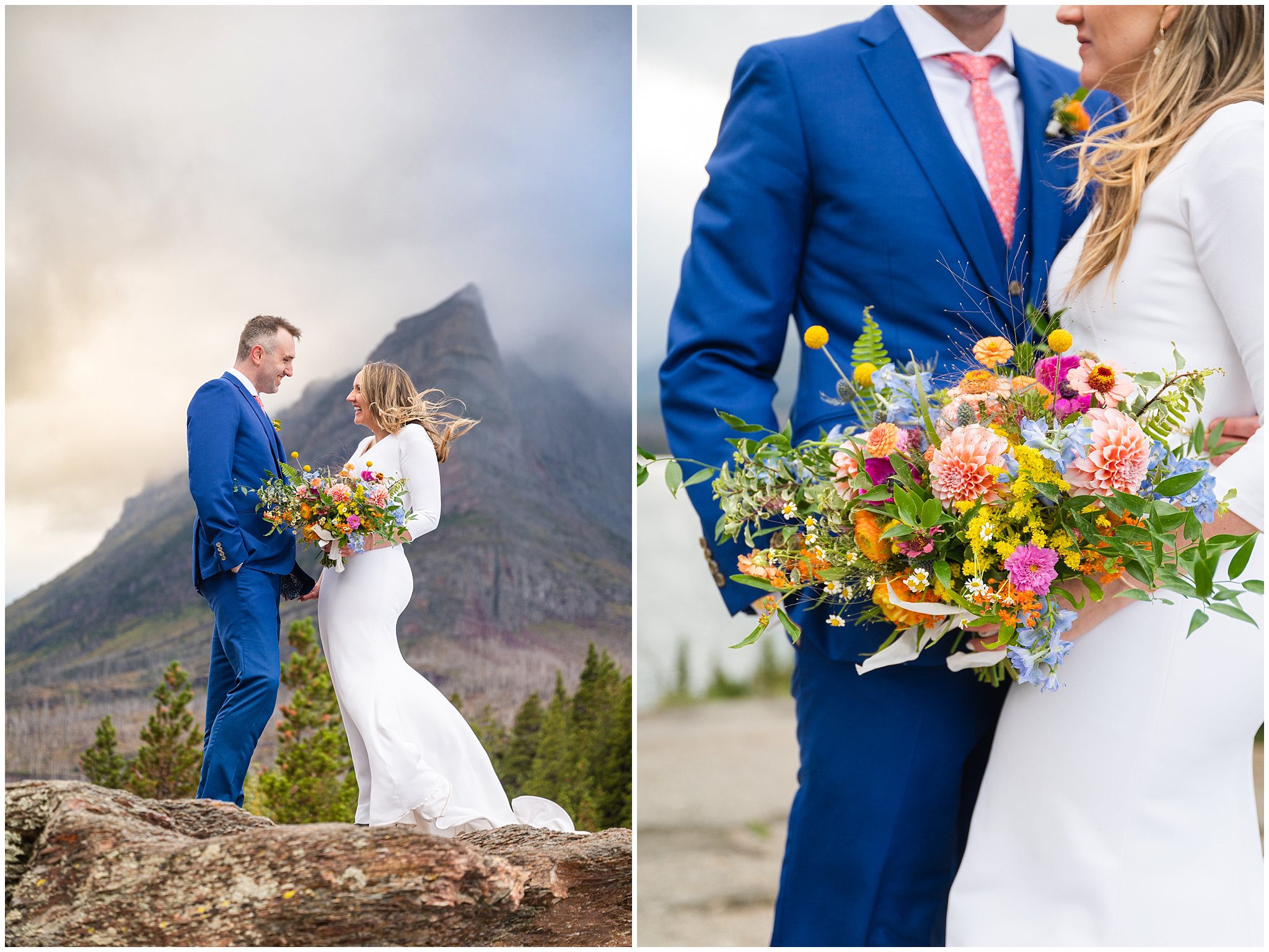 Bride and groom portraits on the Going to the Sun Road in Glacier National Park | Bride in fitted elegant dress with wildflower bouquet, and groom in blue suit with coral pink tie | Glacier National Park Wedding Formal Session | Jessie and Dallin Photography