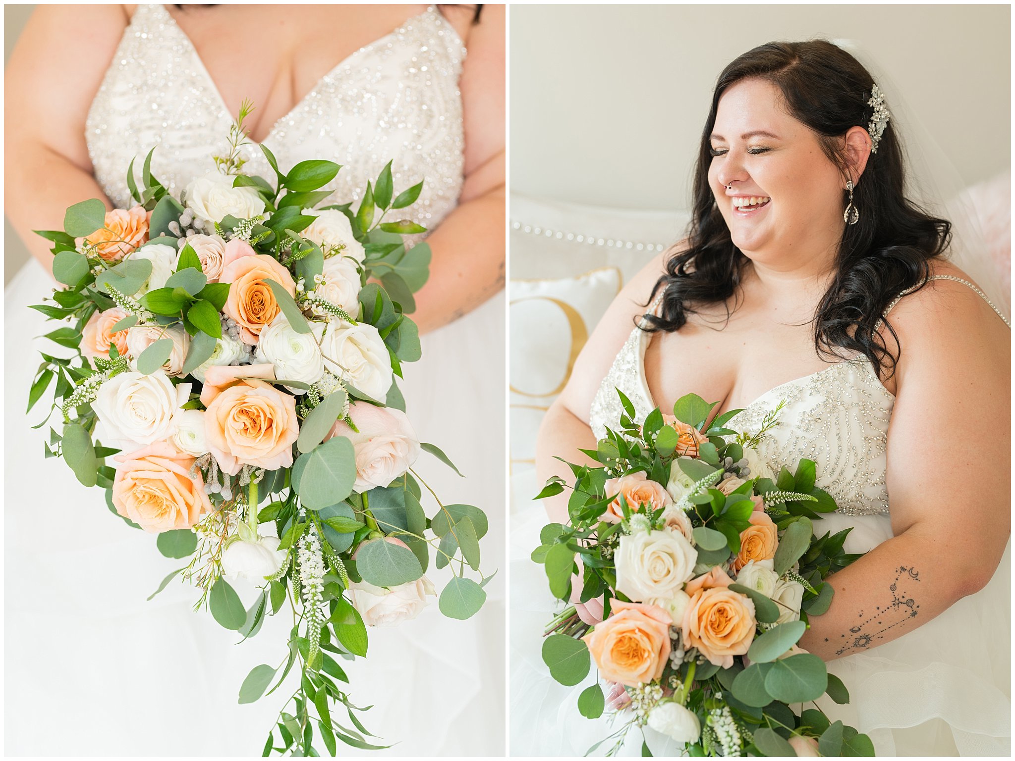 Bridal portraits in white room | Green and Salmon Pink Utah Wedding | Oak Hills | Jessie and Dallin Photography