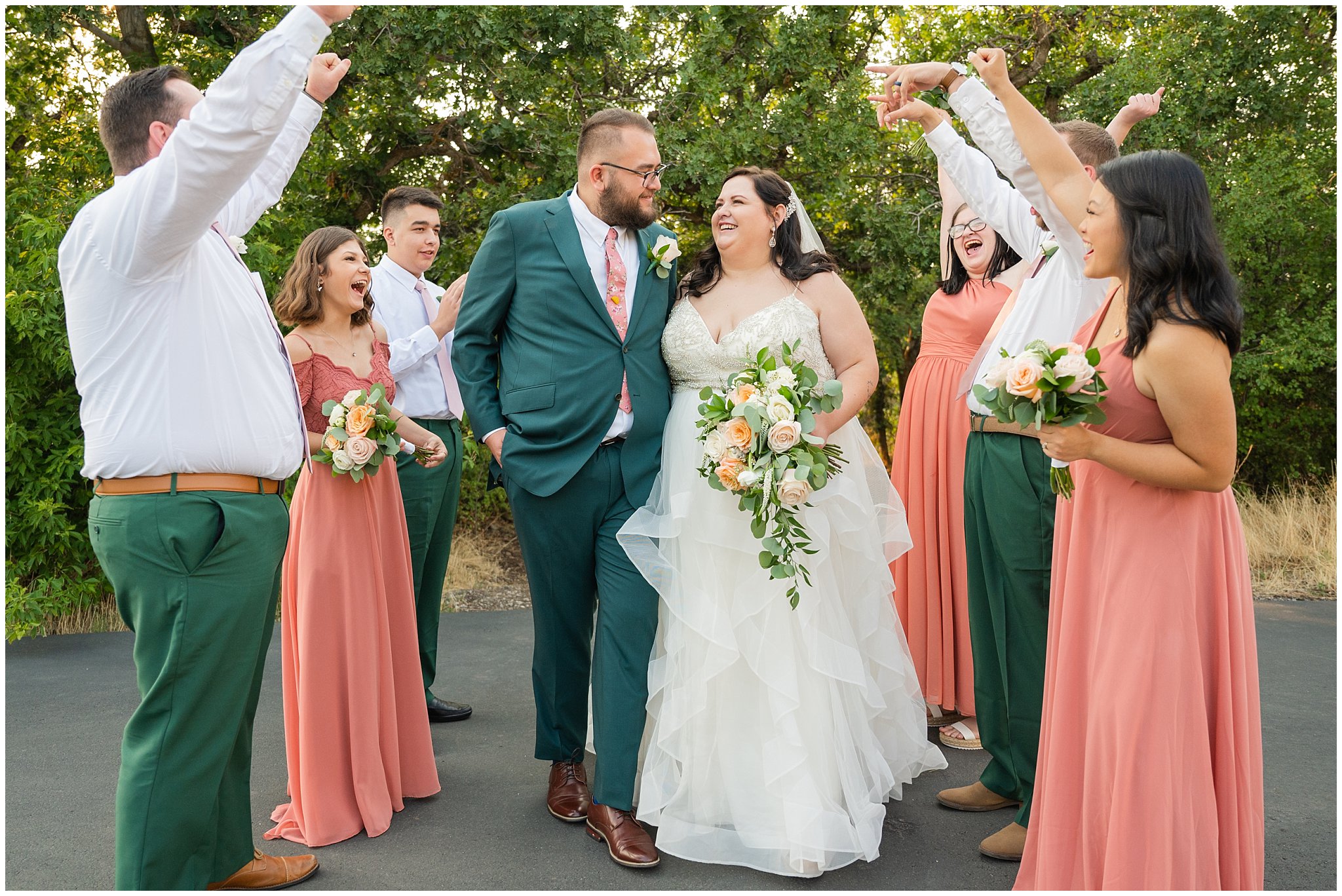 Wedding party portraits with green suit and salmon pink dresses | Green and Salmon Pink Utah Wedding | Oak Hills | Jessie and Dallin Photography