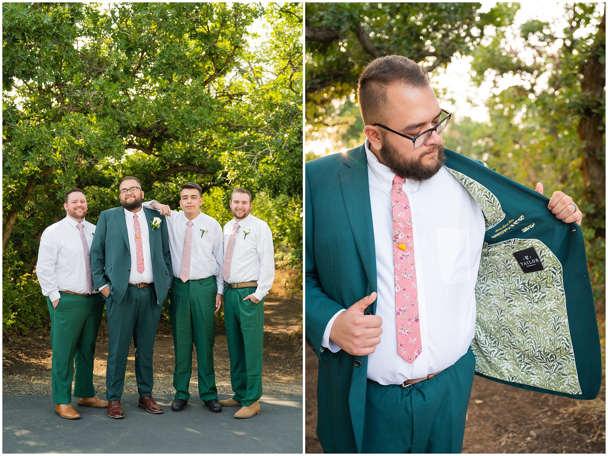 Wedding party portraits with green suit and salmon pink dresses | Green and Salmon Pink Utah Wedding | Oak Hills | Jessie and Dallin Photography