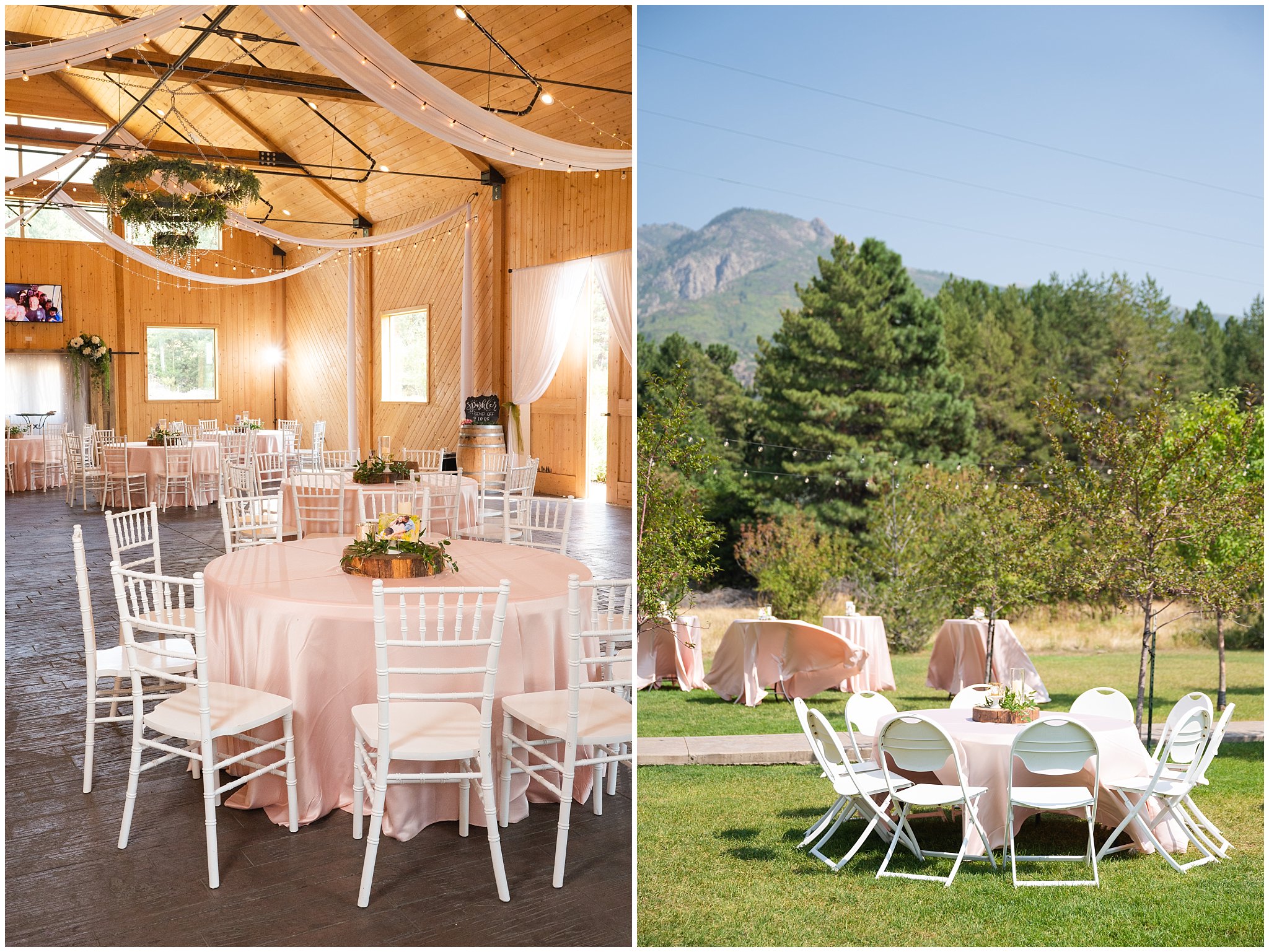Dinner and reception table setup inside barn | Green and Salmon Pink Utah Wedding | Oak Hills | Jessie and Dallin Photography