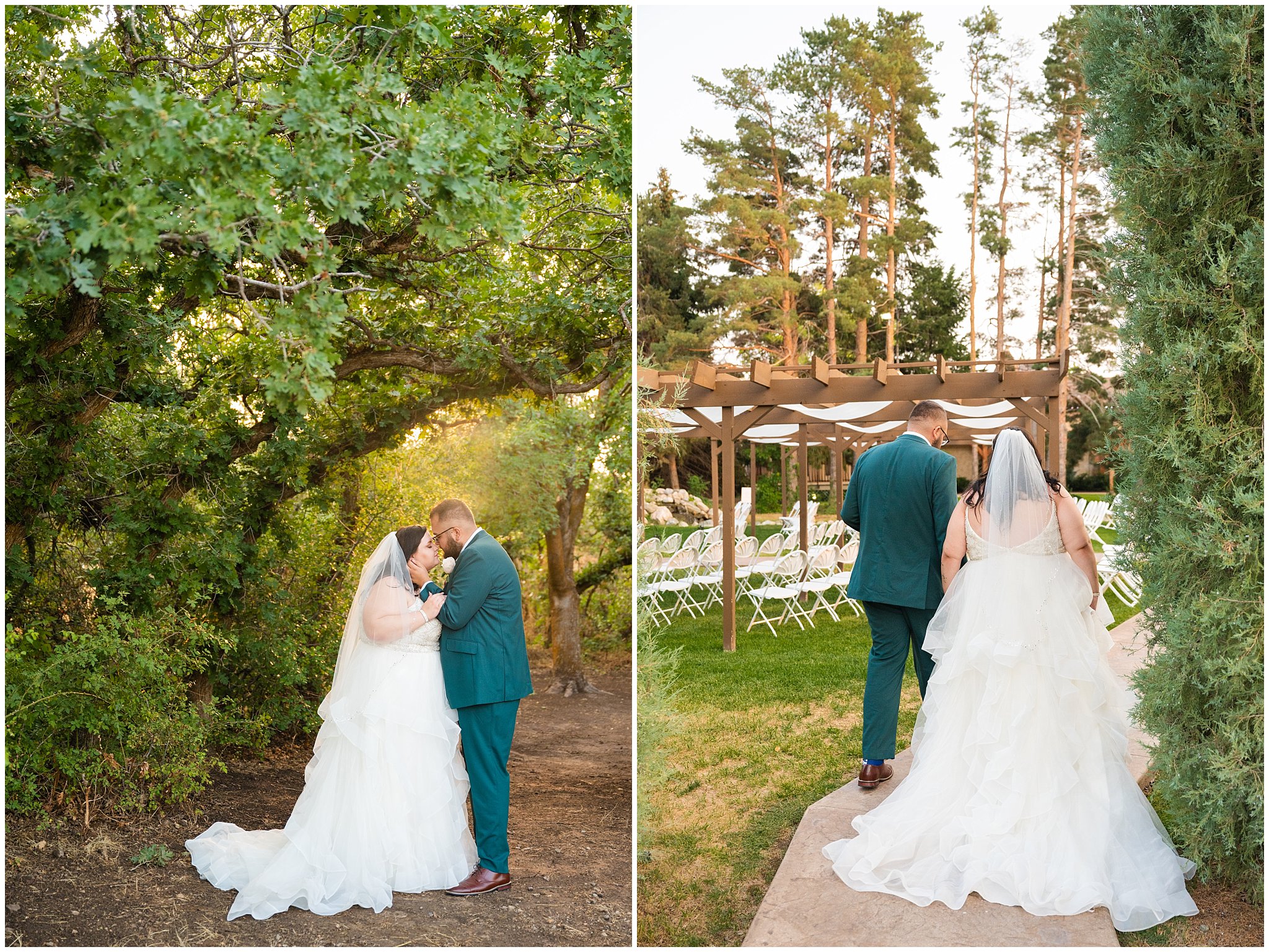 Bride and groom couple's portraits in the woods. Wearing a green suit with salmon pink tie | Green and Salmon Pink Utah Wedding | Oak Hills | Jessie and Dallin Photography