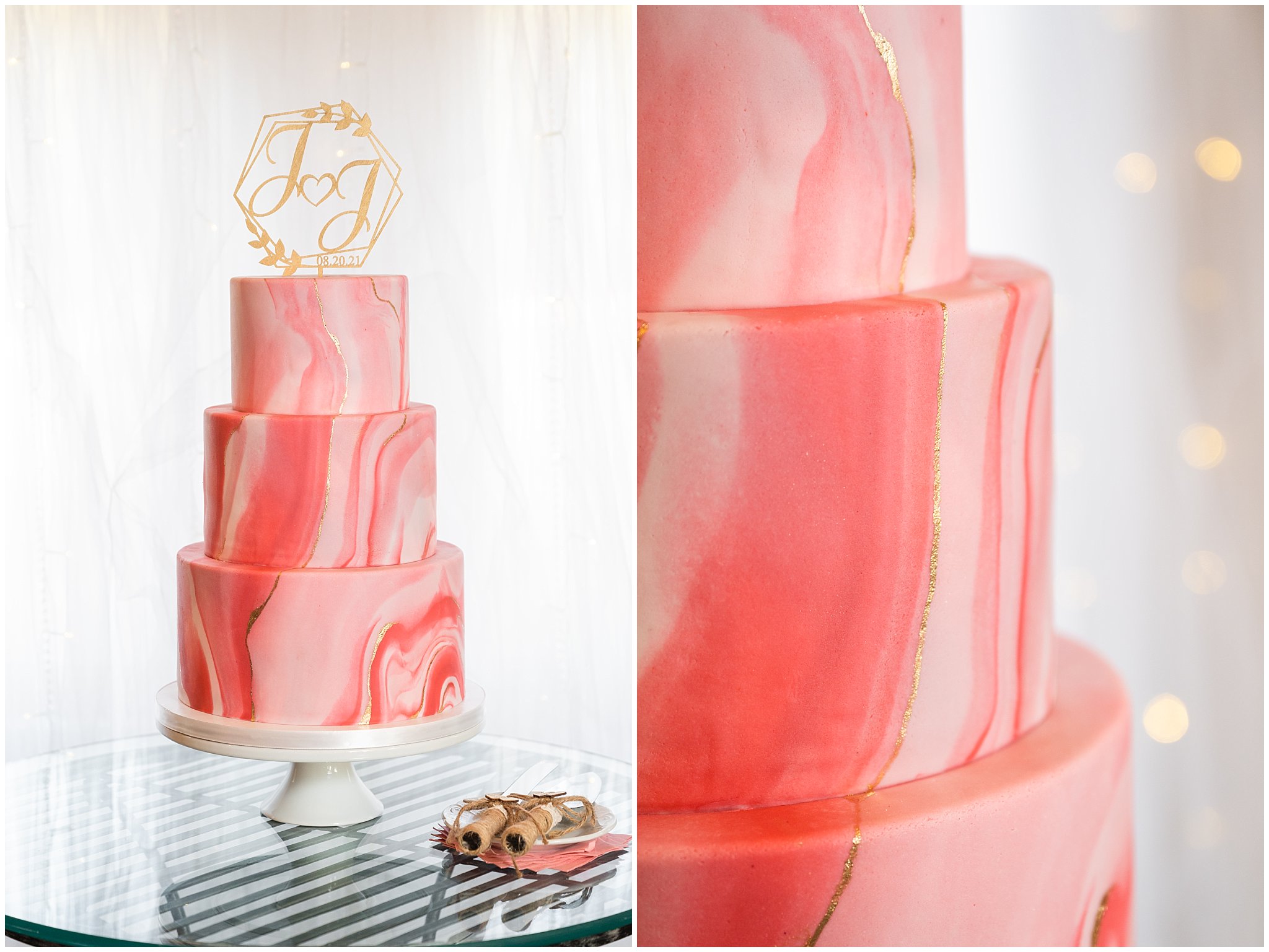 Salmon pink marbled wedding cake | Green and Salmon Pink Utah Wedding | Oak Hills | Jessie and Dallin Photography