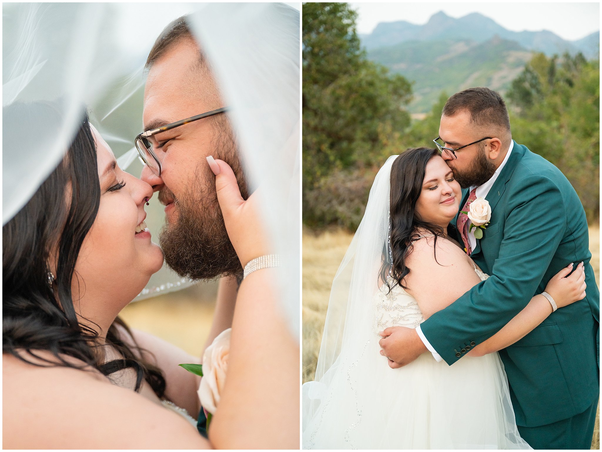 Bride and groom couple's portraits in the woods. Wearing a green suit with salmon pink tie | Green and Salmon Pink Utah Wedding | Oak Hills | Jessie and Dallin Photography