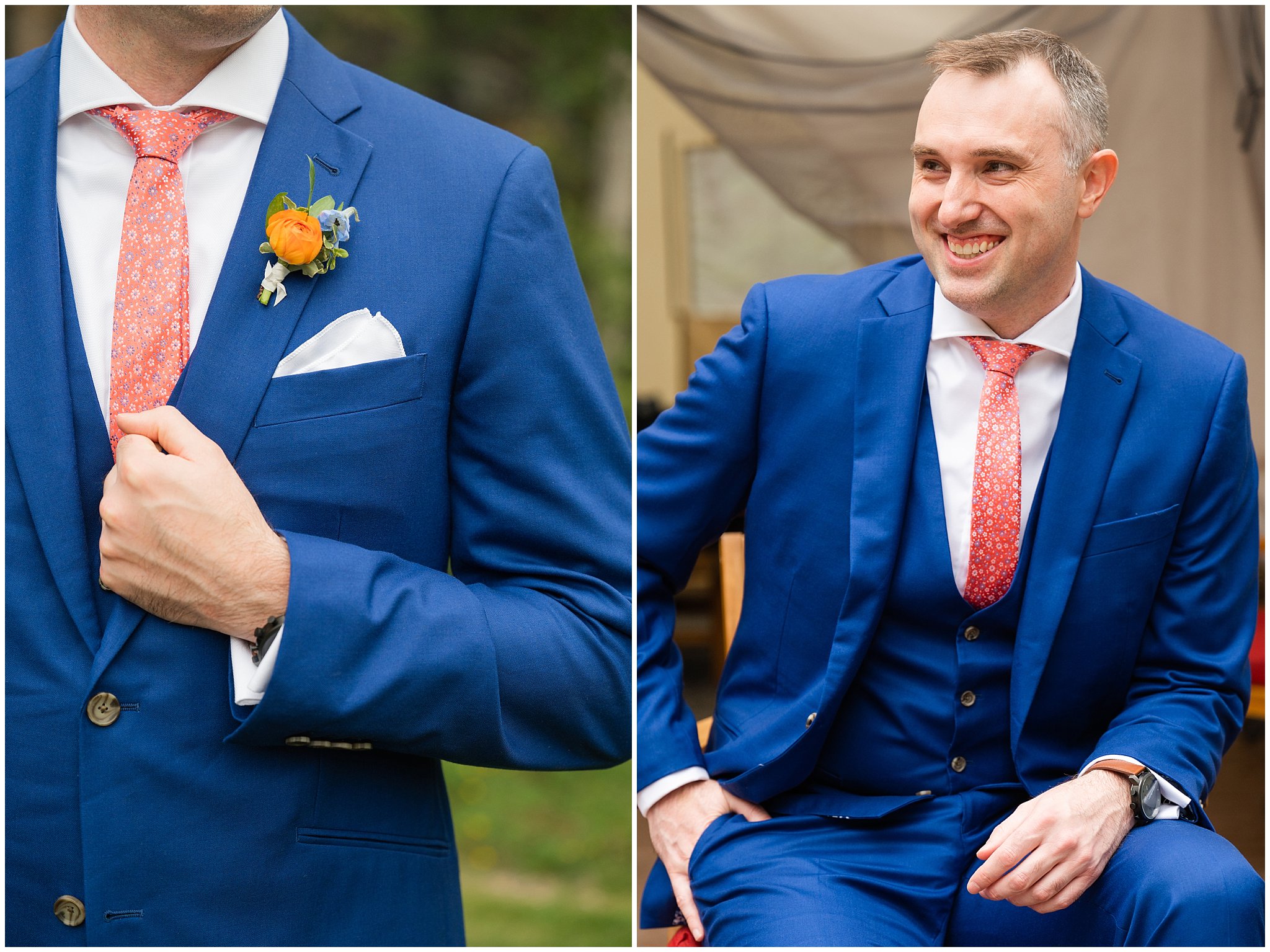 Groom and groomsmen in blue suits with coral ties getting ready outside canvas tent | Mountainside Weddings Kalispell Montana Destination Wedding | Jessie and Dallin Photography