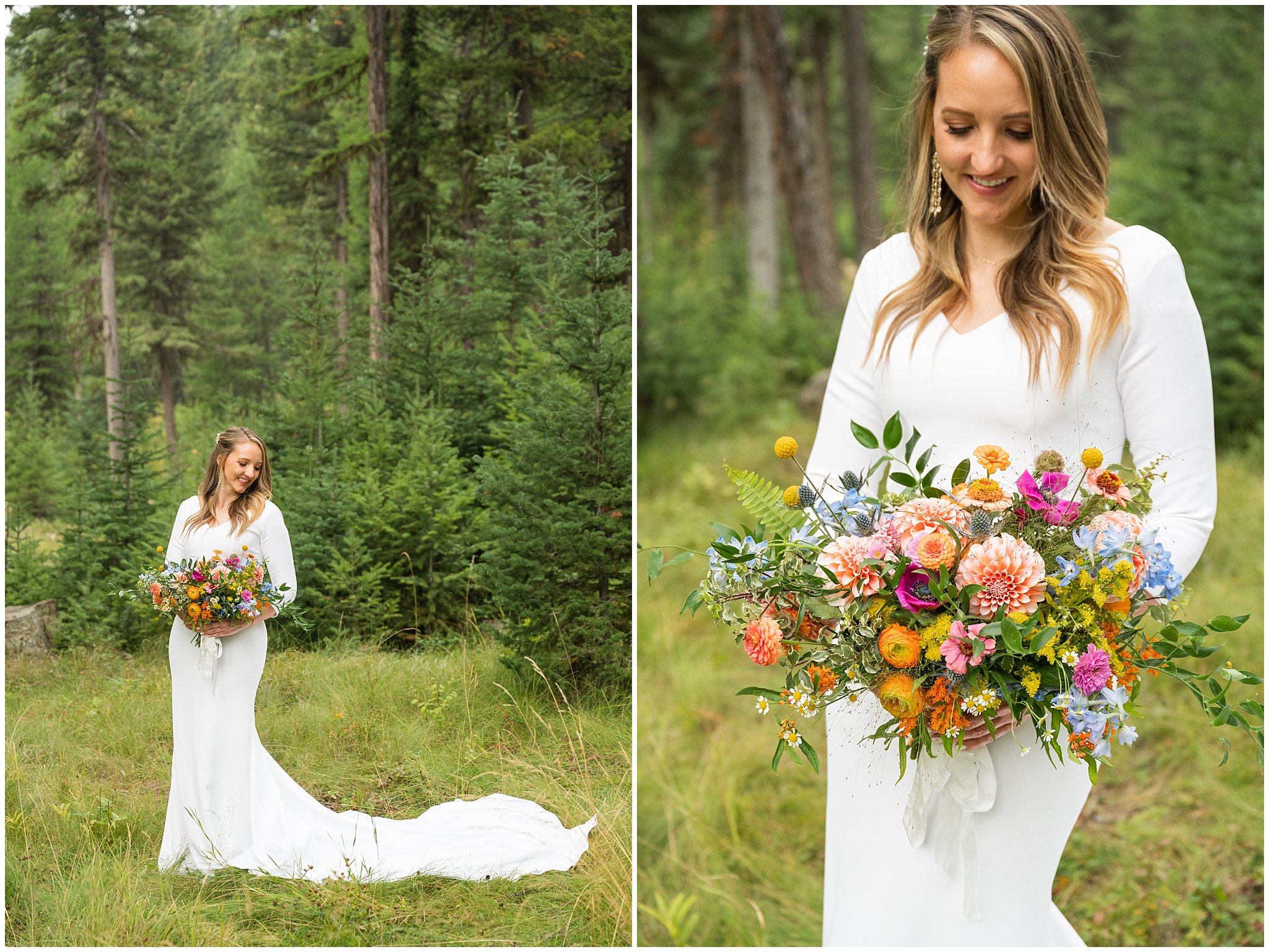 Bride in elegant fitted dress portraits in the woods in Kalispell Montana | Mountainside Weddings Kalispell Montana Destination Wedding | Jessie and Dallin Photography