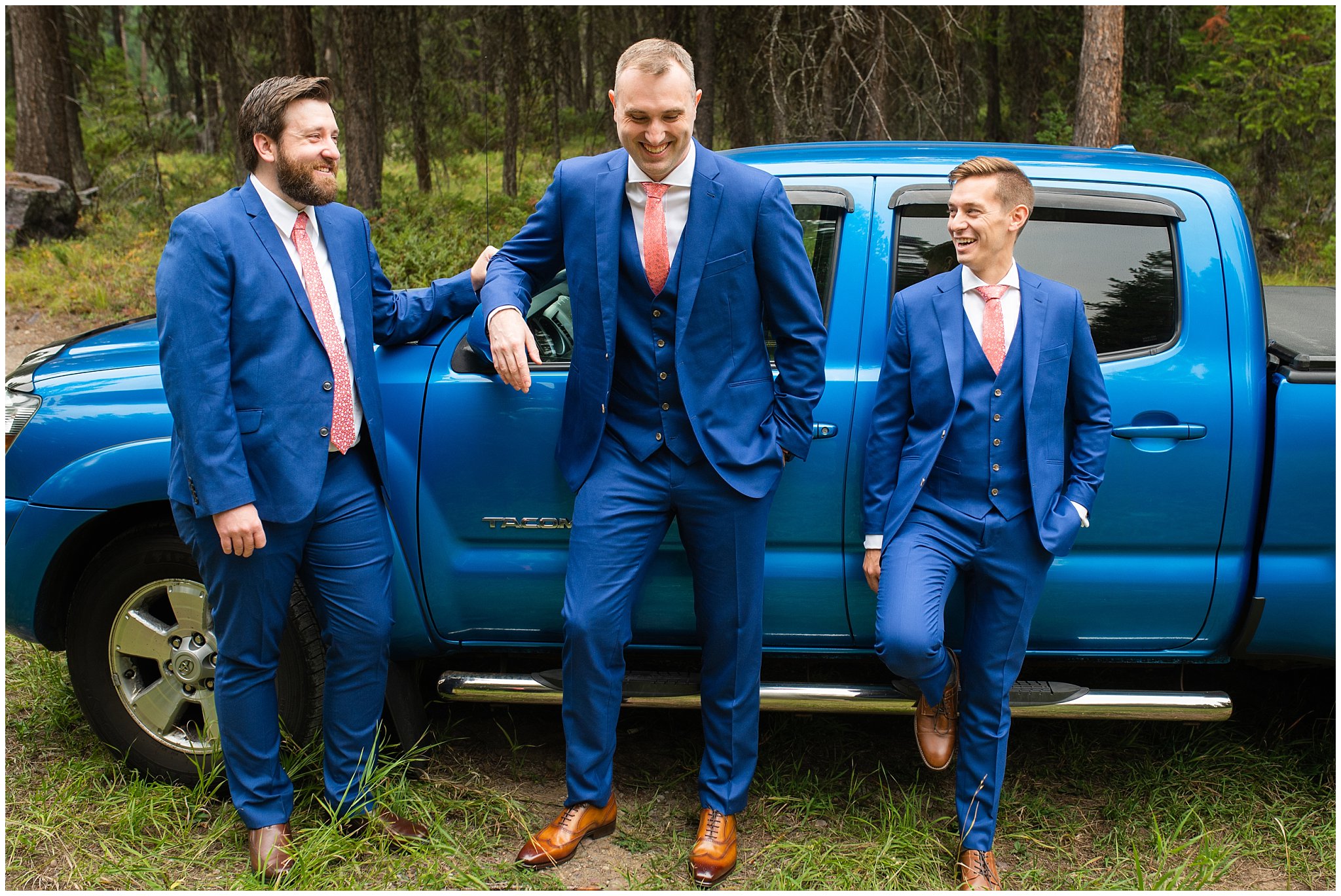 Groom and groomsmen in blue suits with truck | Mountainside Weddings Kalispell Montana Destination Wedding | Jessie and Dallin Photography