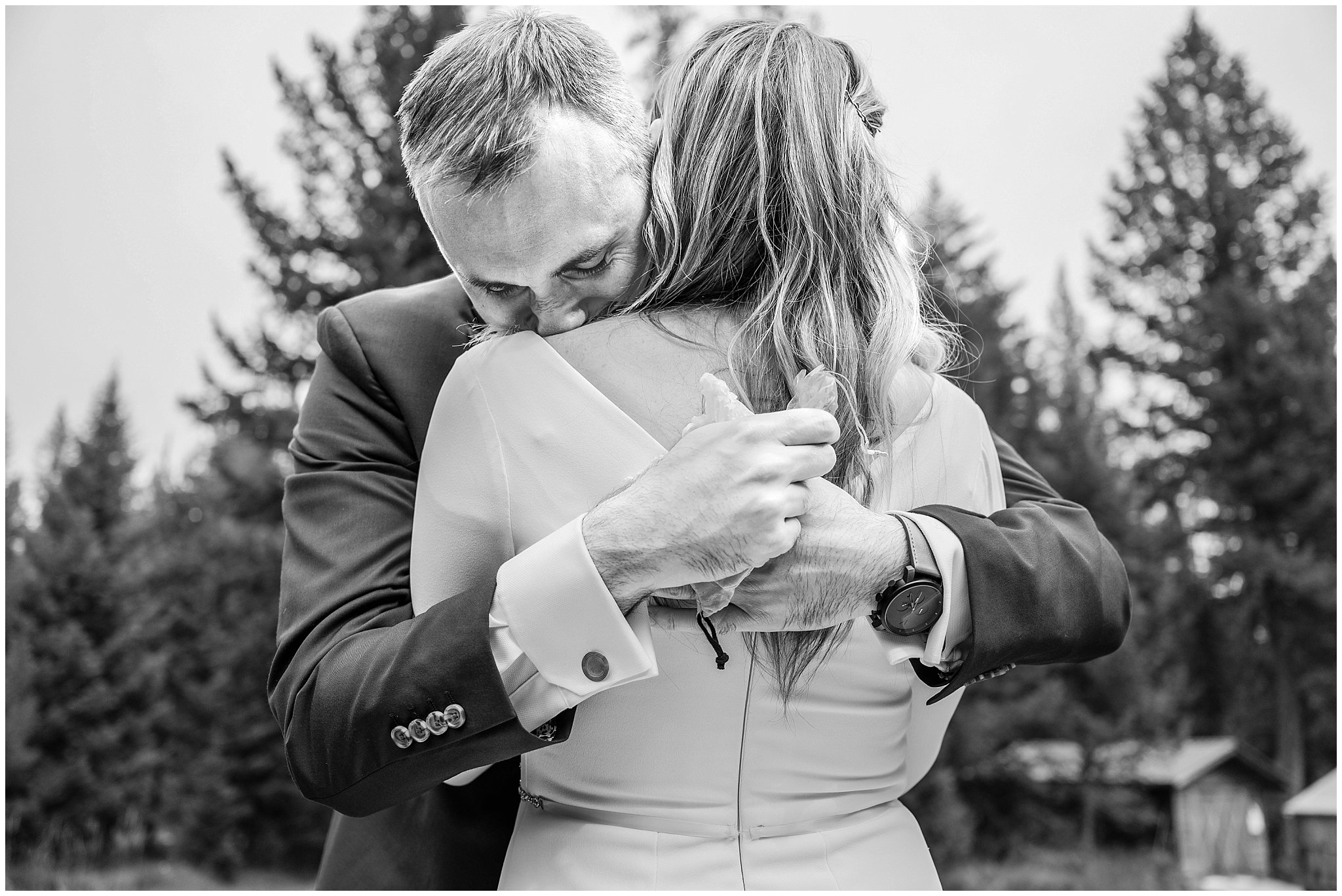 Bride and groom in exchange gifts and have first look in the forest of Montana by a pond | Mountainside Weddings Kalispell Montana Destination Wedding | Jessie and Dallin Photography