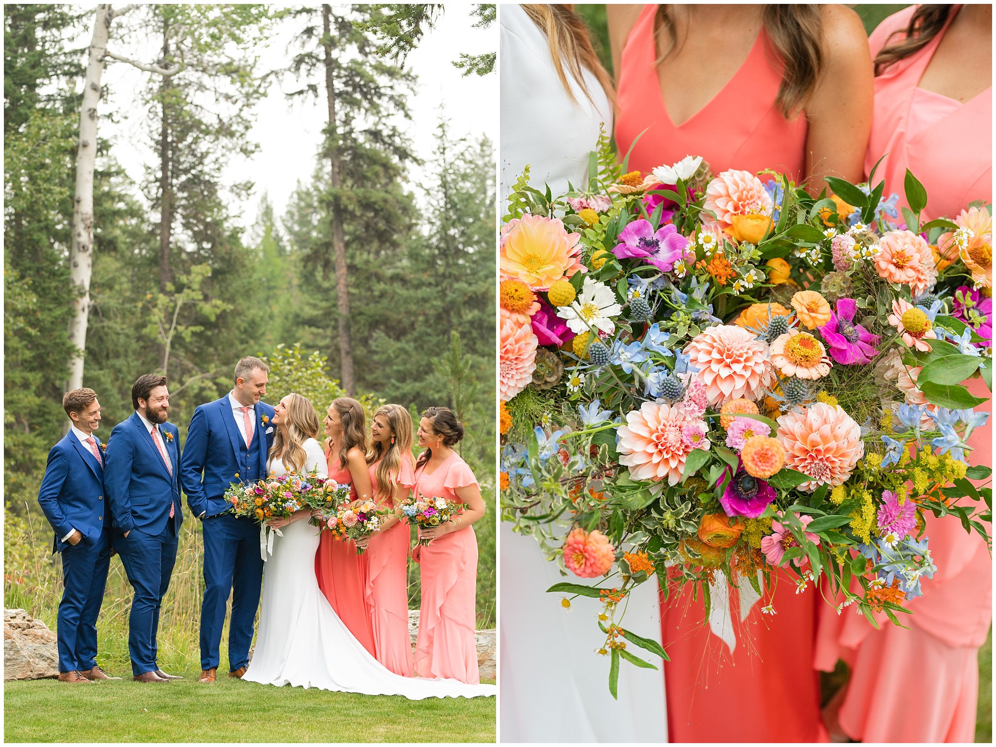 Wedding party portraits with bridesmaids in coral dresses with wildflowers, and groomsmen in blue suits with coral ties | Mountainside Weddings Kalispell Montana Destination Wedding | Jessie and Dallin Photography