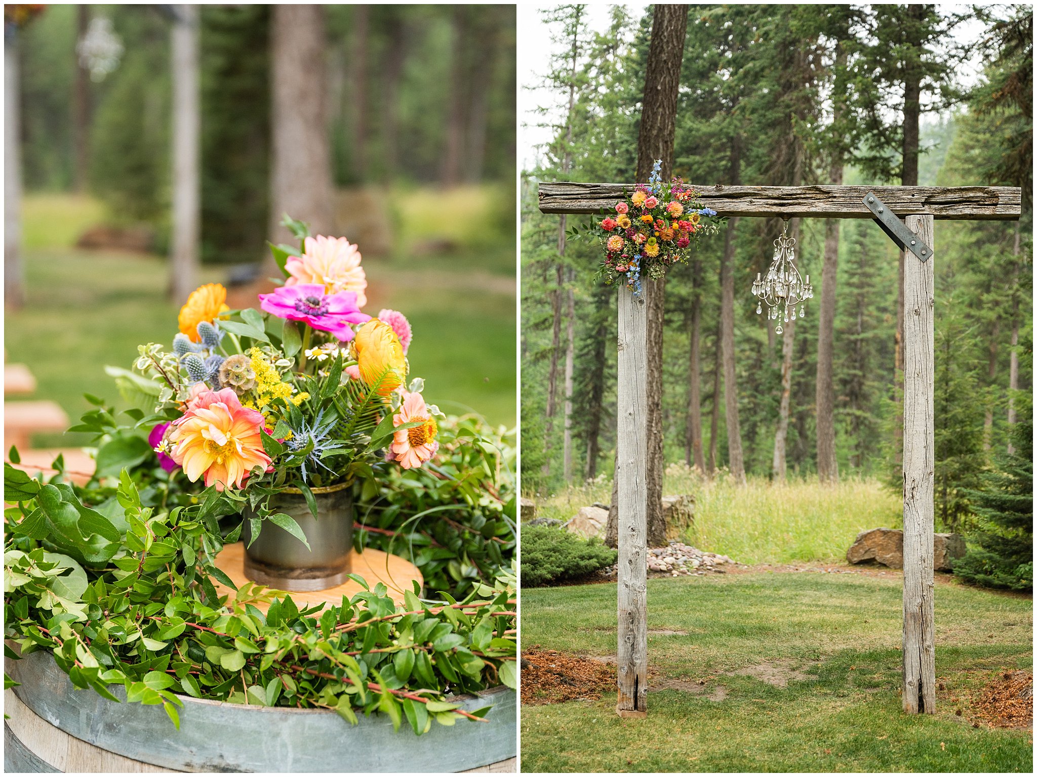 Ceremony site and arch details with wildflowers and rustic arch in the Montana forest | Mountainside Weddings Kalispell Montana Destination Wedding | Jessie and Dallin Photography