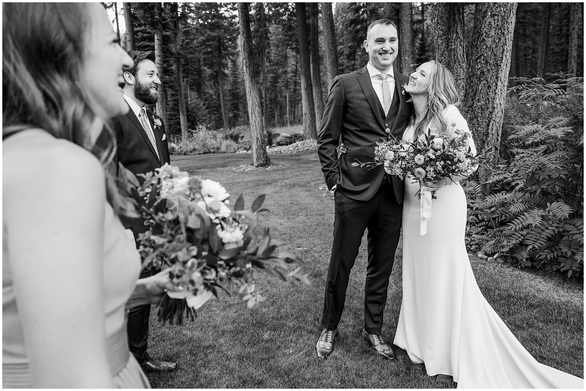 Family and the bride and groom celebrate after ceremony in the Montana forest | Mountainside Weddings Kalispell Montana Destination Wedding | Jessie and Dallin Photography