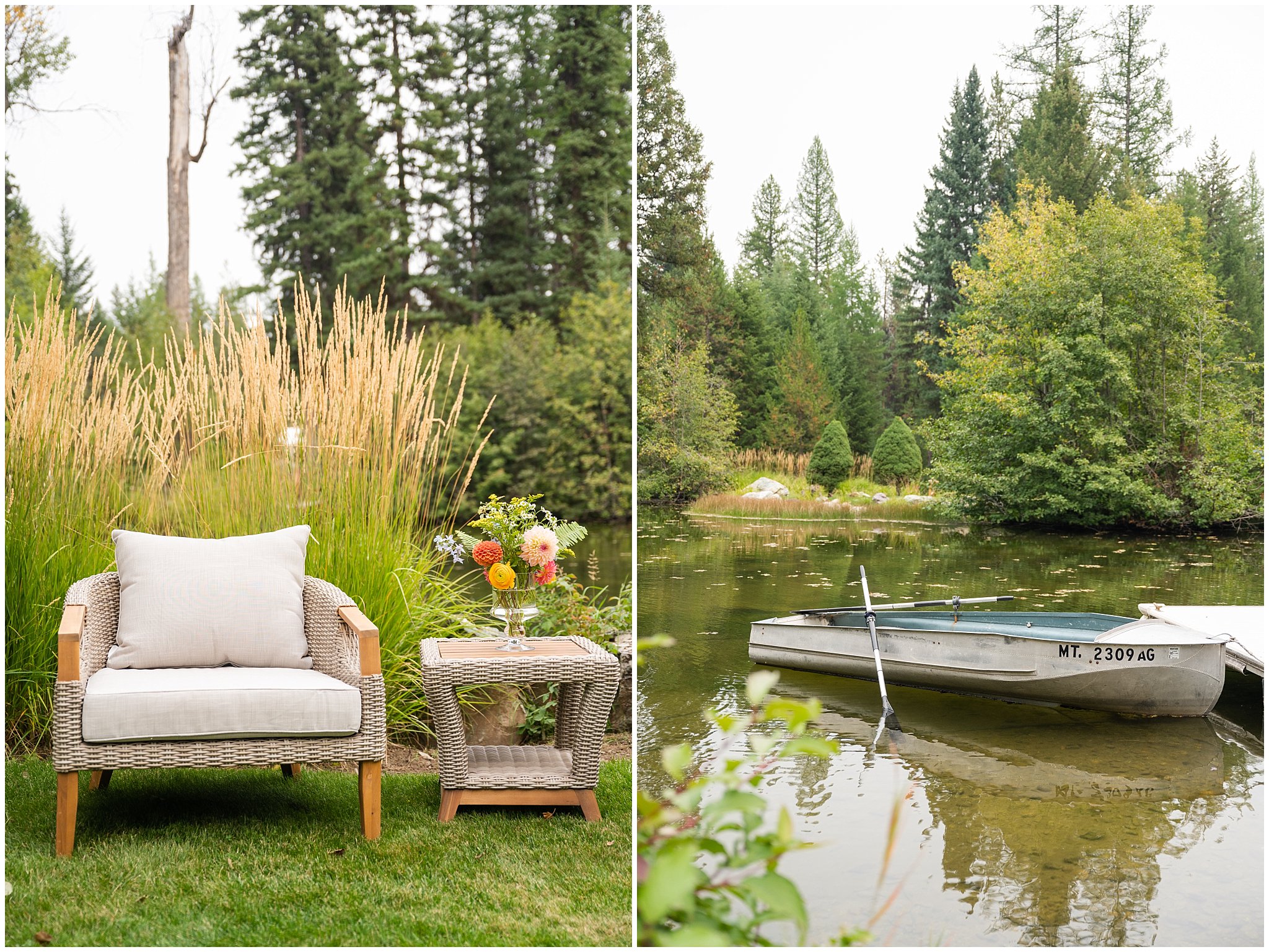 Cocktail hour details by a pond in the Montana forest | Mountainside Weddings Kalispell Montana Destination Wedding | Jessie and Dallin Photography