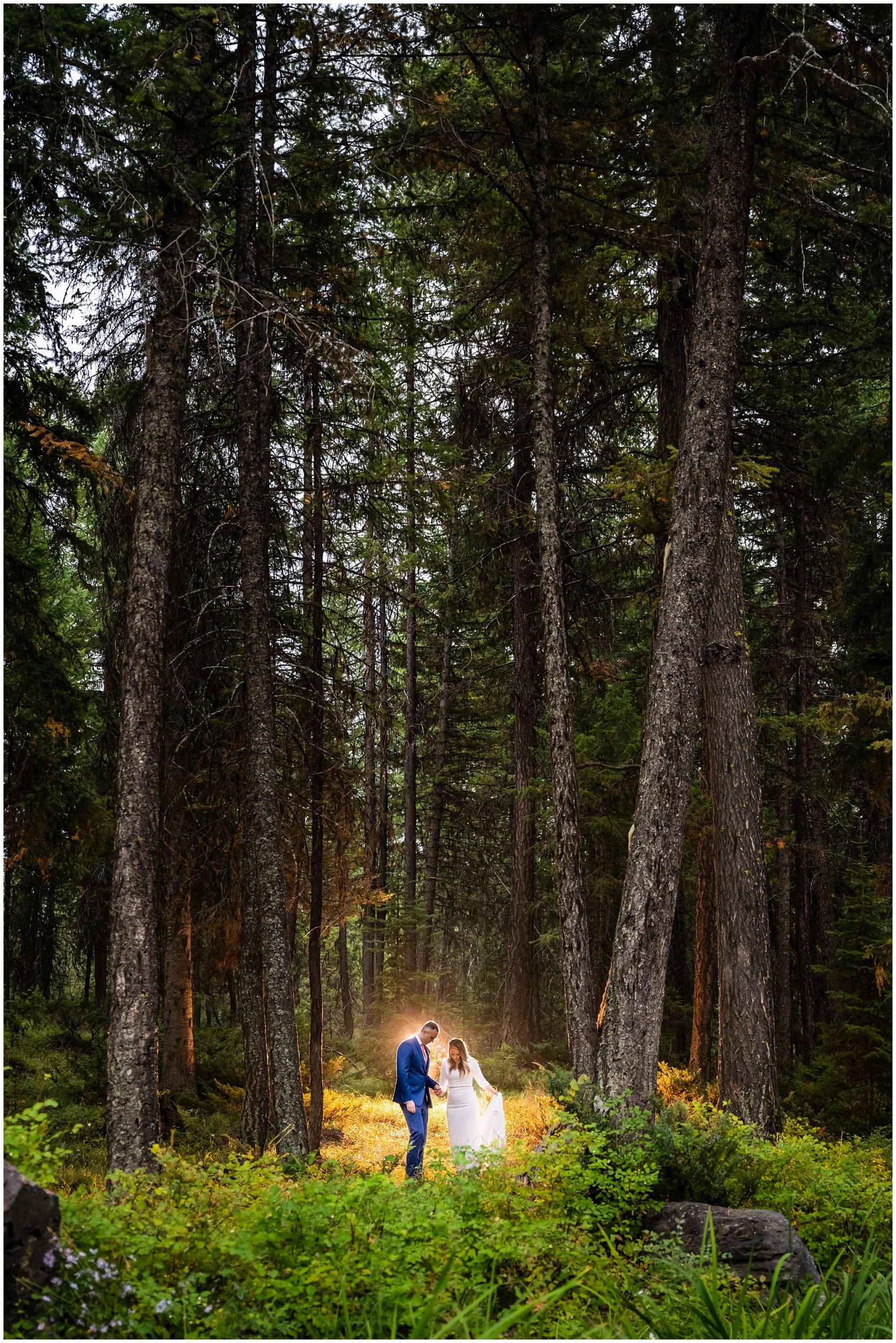 Bride and groom portraits with an elegant fitted dress and blue suit with coral tie in the Montana forest and near a pond | Mountainside Weddings Kalispell Montana Destination Wedding | Jessie and Dallin Photography