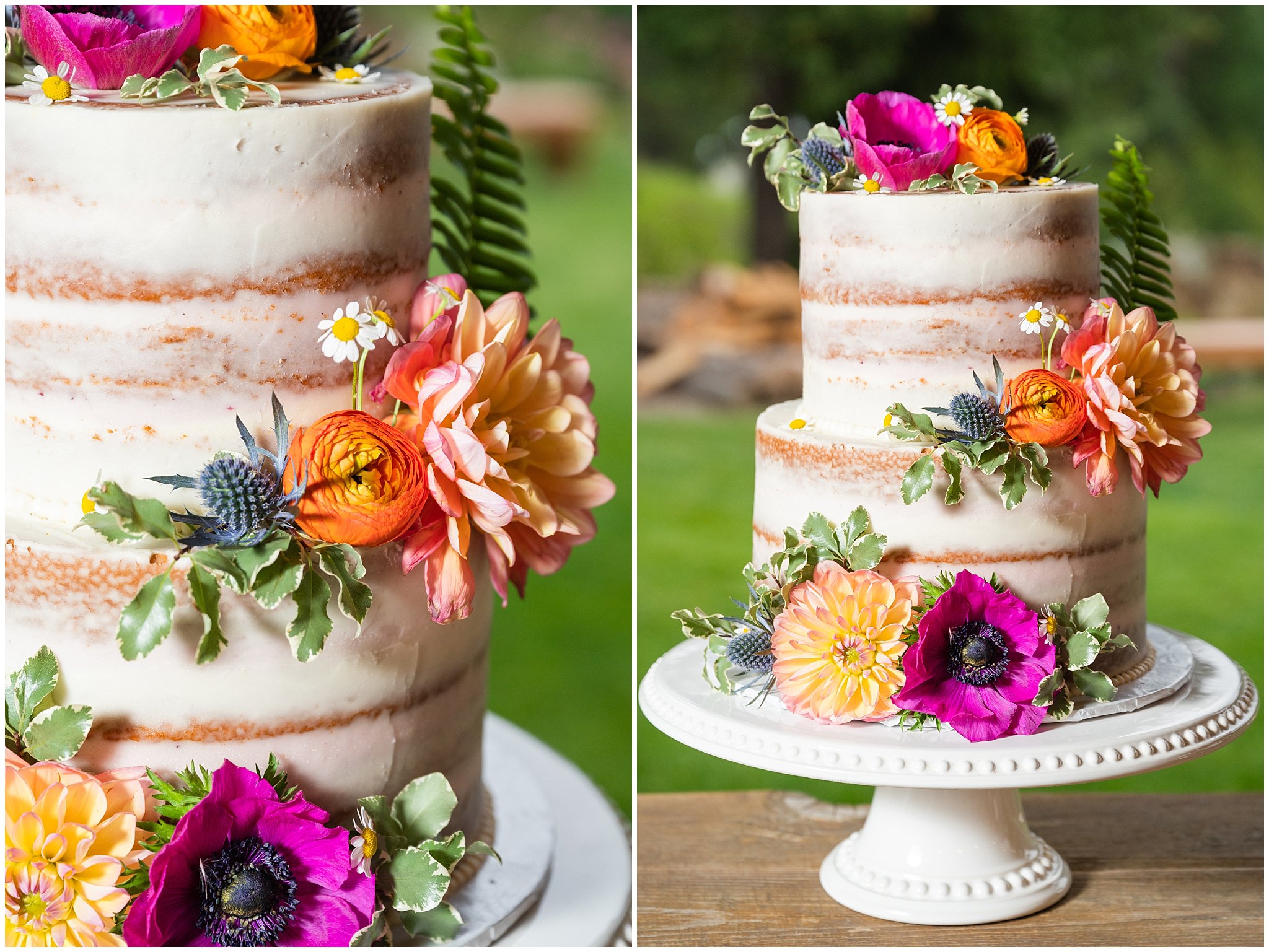 Wildflower naked cake for wedding in the Montana forest and near a pond | Mountainside Weddings Kalispell Montana Destination Wedding | Jessie and Dallin Photography