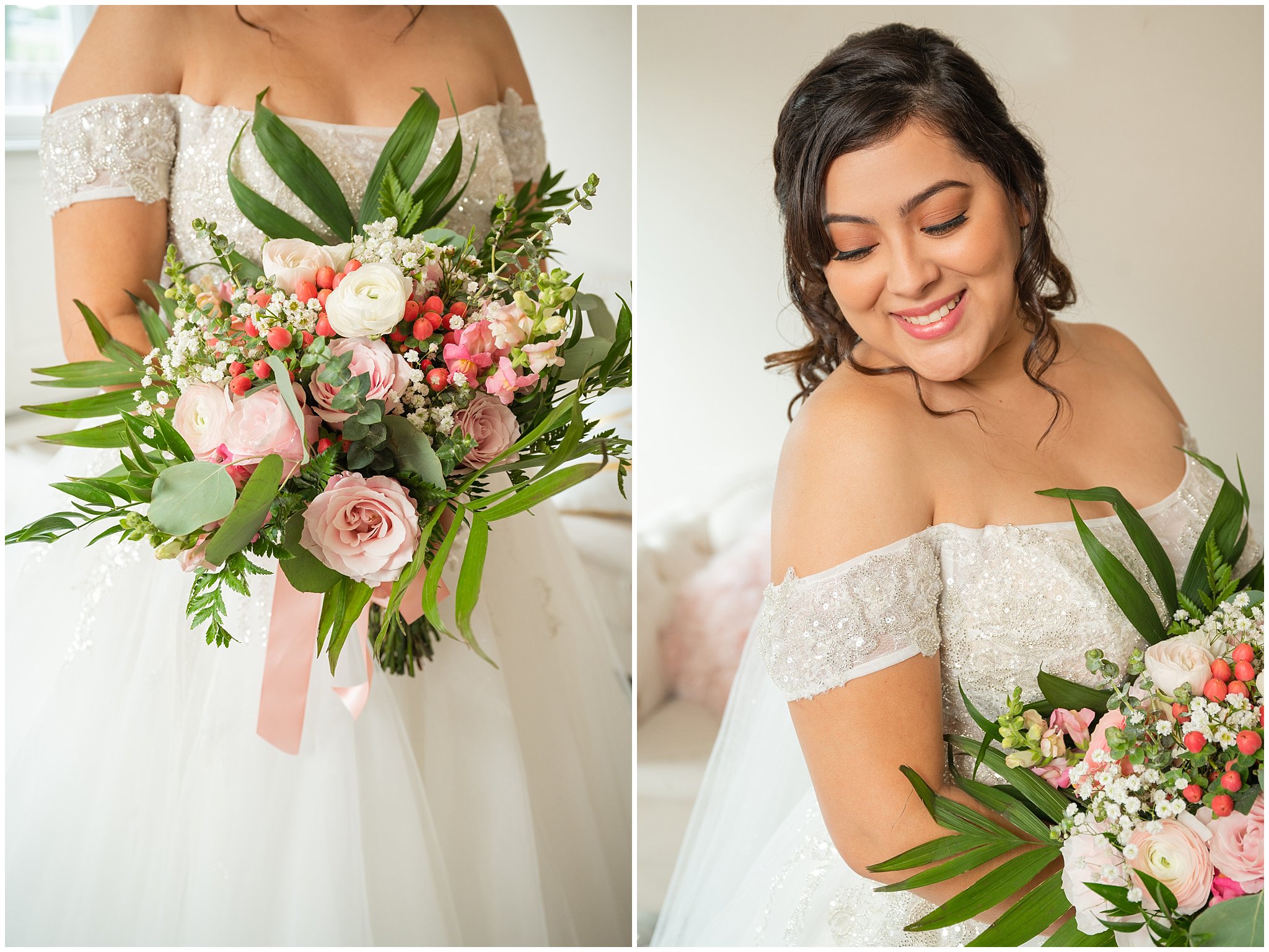 Bridal portraits in lace princess dress with pink floral bouquet | Rustic Mountain Destination Wedding at Oak Hills Utah | Jessie and Dallin Photography