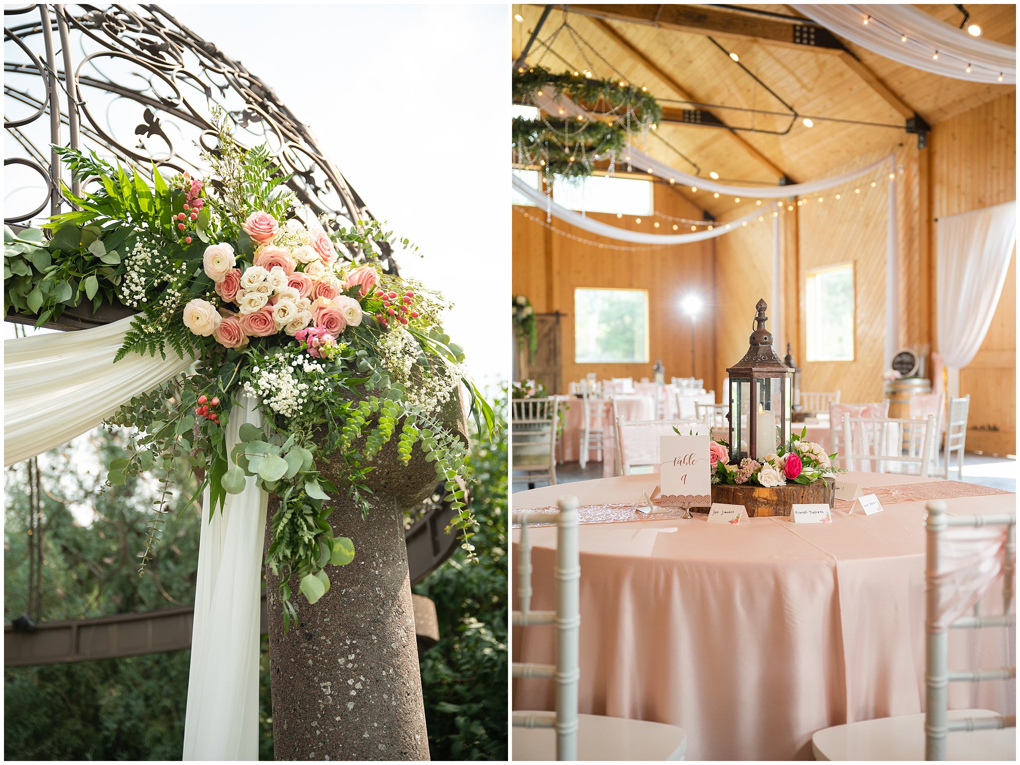 Ceremony arch piece with pink florals and reception tables in a barn with lanterns | Rustic Mountain Destination Wedding at Oak Hills Utah | Jessie and Dallin Photography