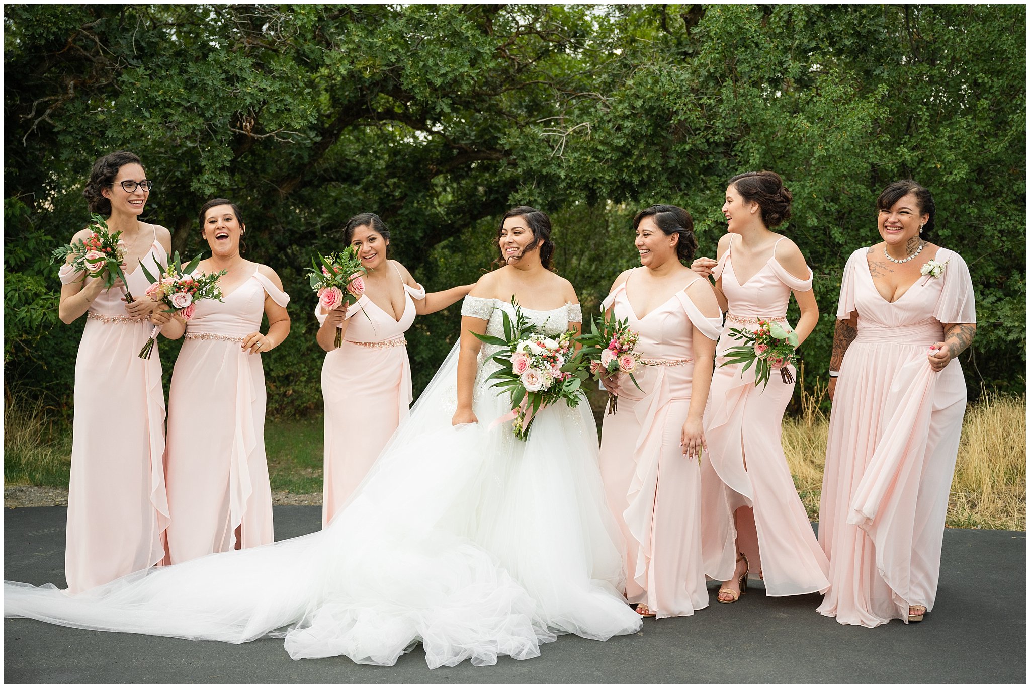 Bride and groom with wedding party in blush dresses and gray suits | Rustic Mountain Destination Wedding at Oak Hills Utah | Jessie and Dallin Photography