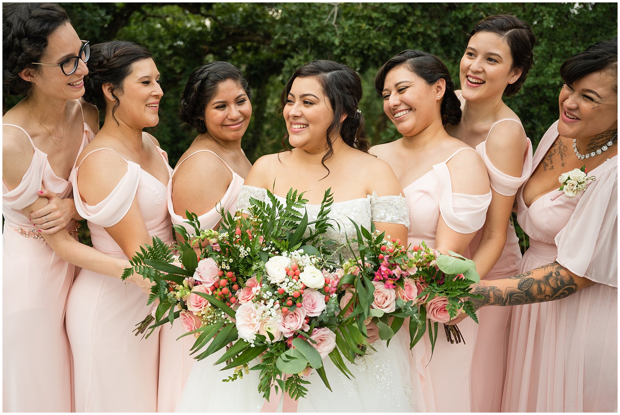 Bride and groom with wedding party in blush dresses and gray suits | Rustic Mountain Destination Wedding at Oak Hills Utah | Jessie and Dallin Photography