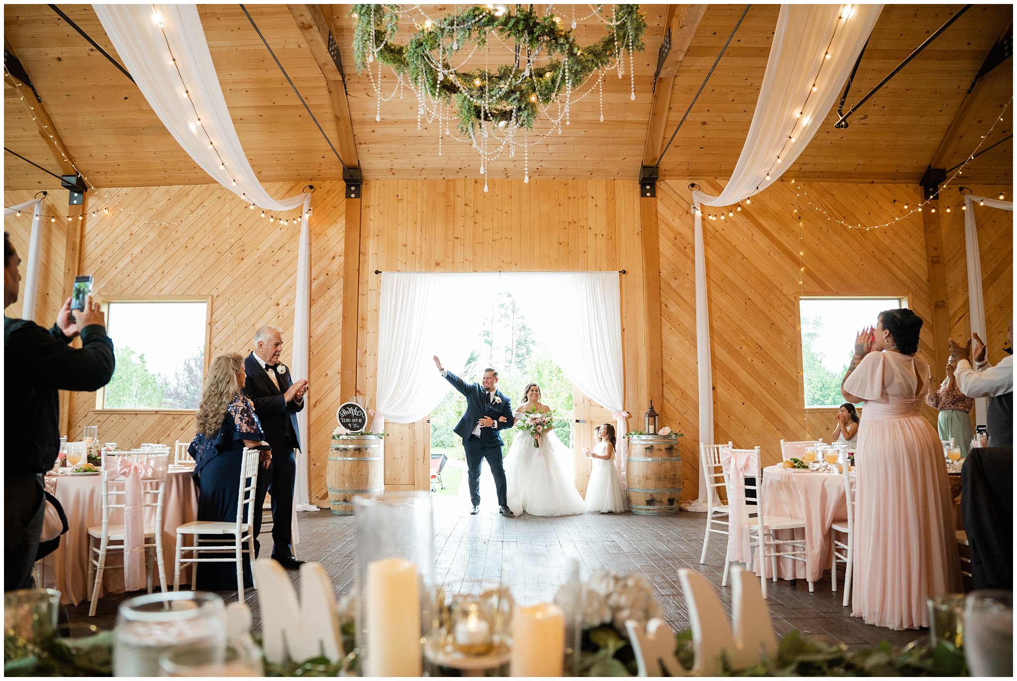 Bride and groom grand entrance into barn | Rustic Mountain Destination Wedding at Oak Hills Utah | Jessie and Dallin Photography