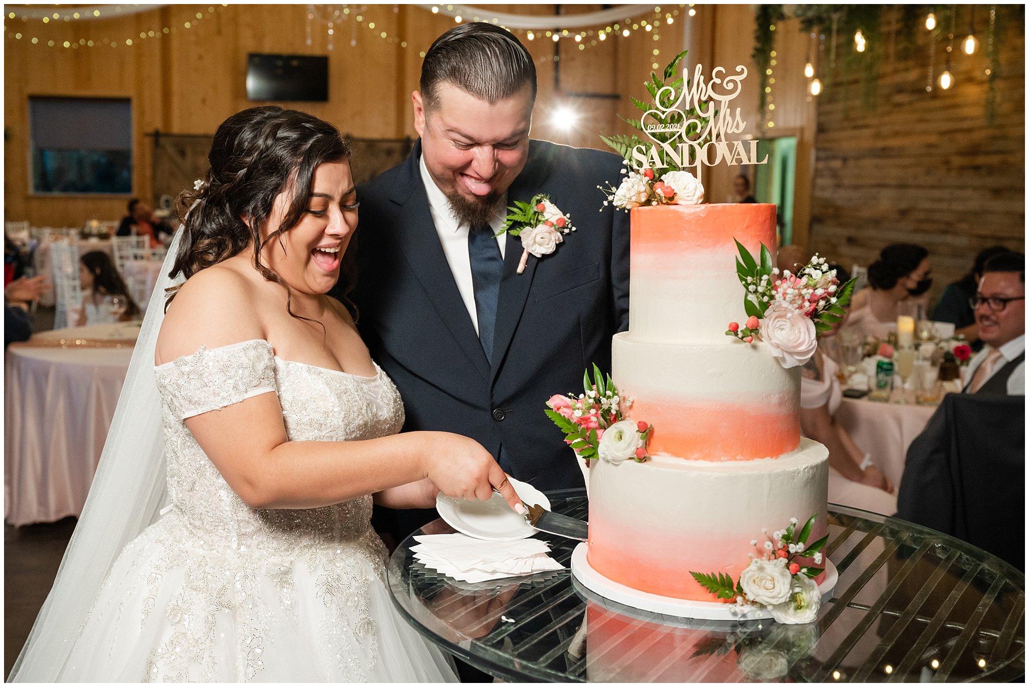Cake cutting during rustic barn reception | Rustic Mountain Destination Wedding at Oak Hills Utah | Jessie and Dallin Photography