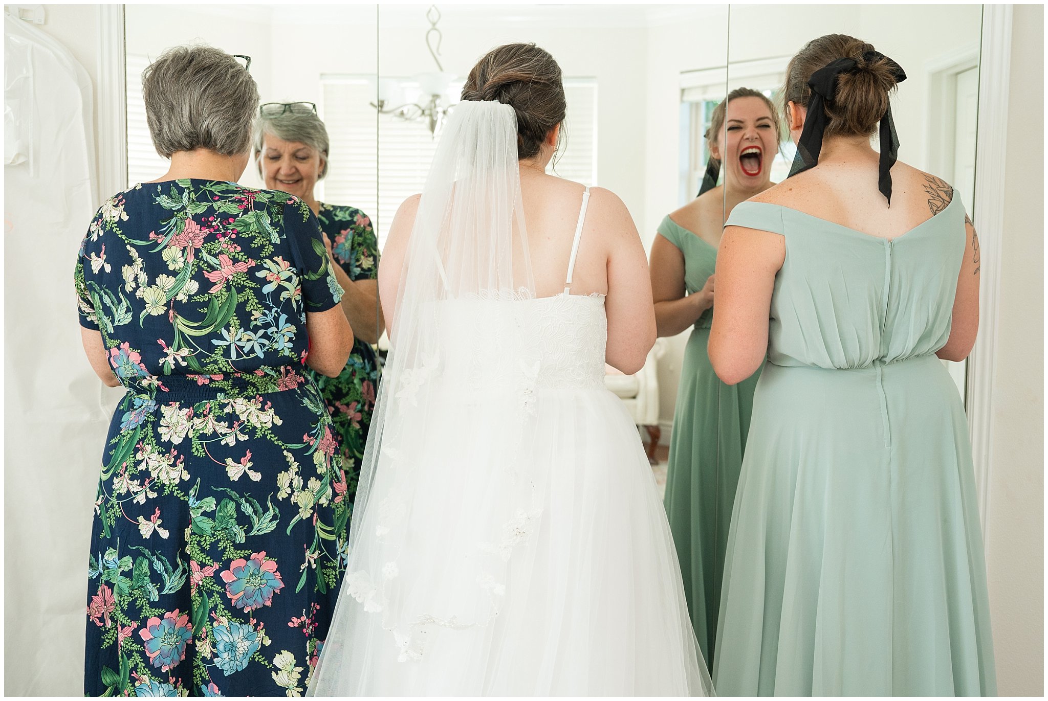 Bride getting ready with bridesmaid and mom | Intimate Utah Summer Garden Wedding | Jessie and Dallin Photography
