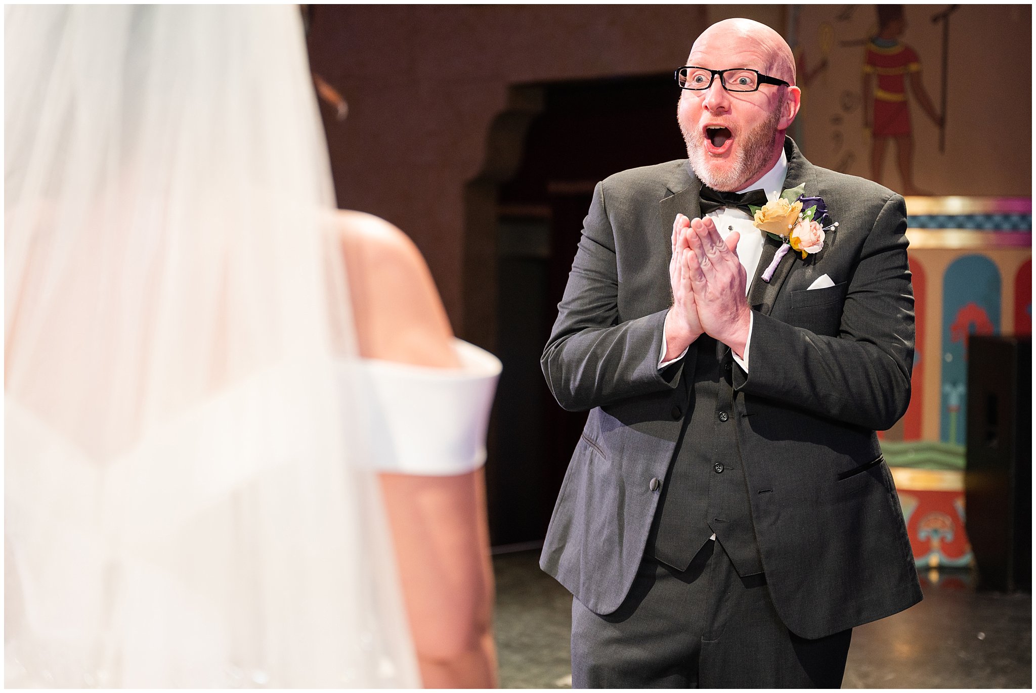 Bride and groom first look moment on stage | Broadway Musical Theatre Wedding