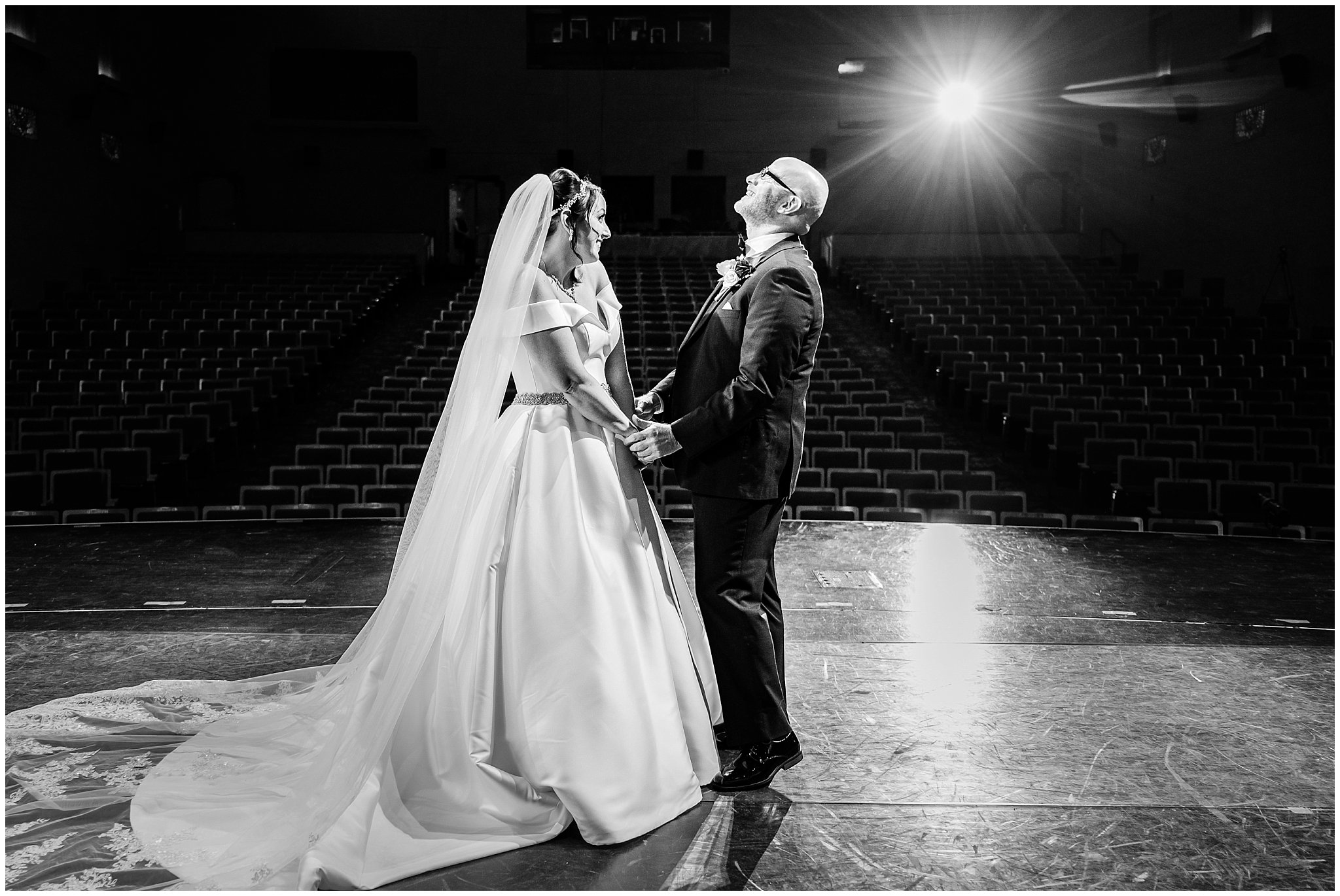 Bride and groom first look moment on stage | Broadway Musical Theatre Wedding