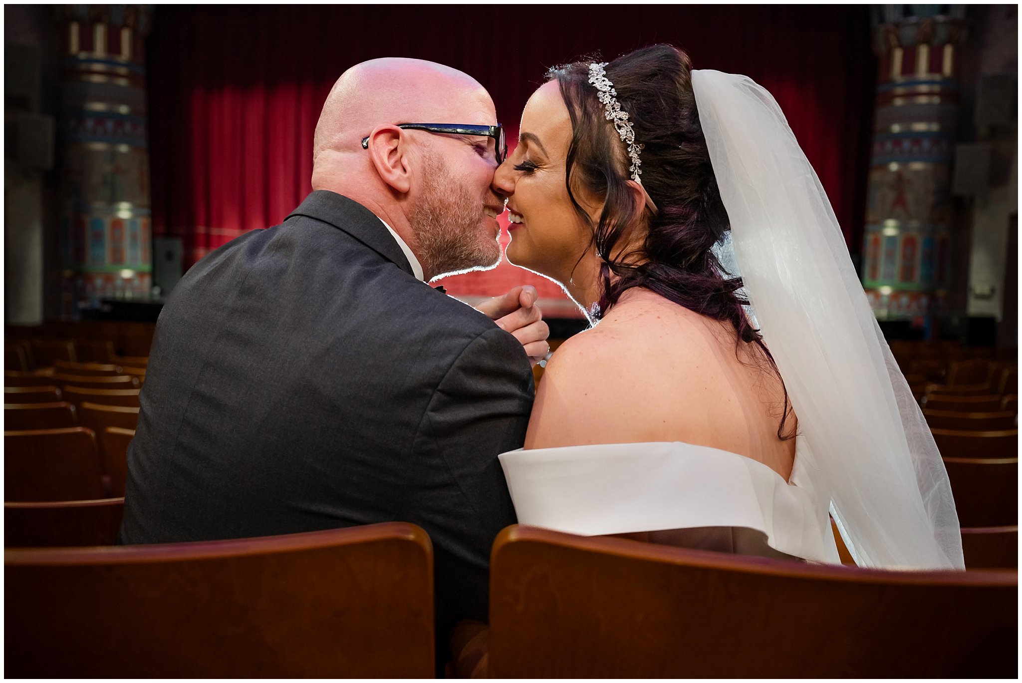 Bride and groom portrait in a theater | Broadway Musical Theatre Wedding