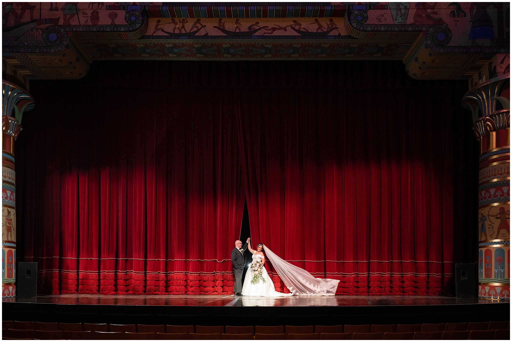 Bride and groom portrait in a theater | Broadway Musical Theatre Wedding