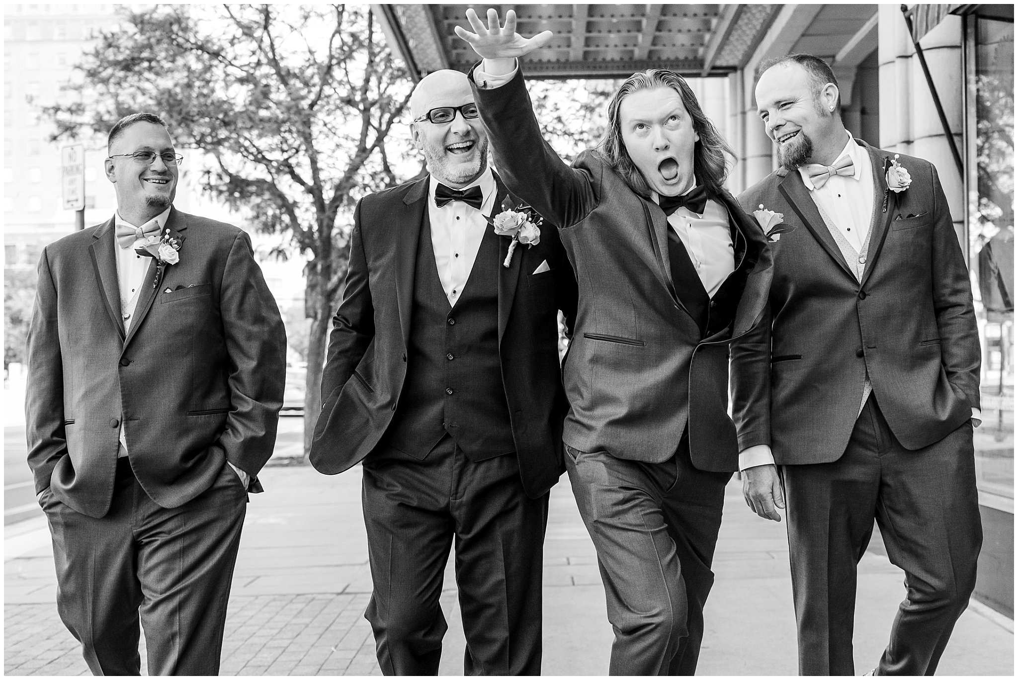 Wedding party portraits outside theater | Broadway Musical Theatre Wedding