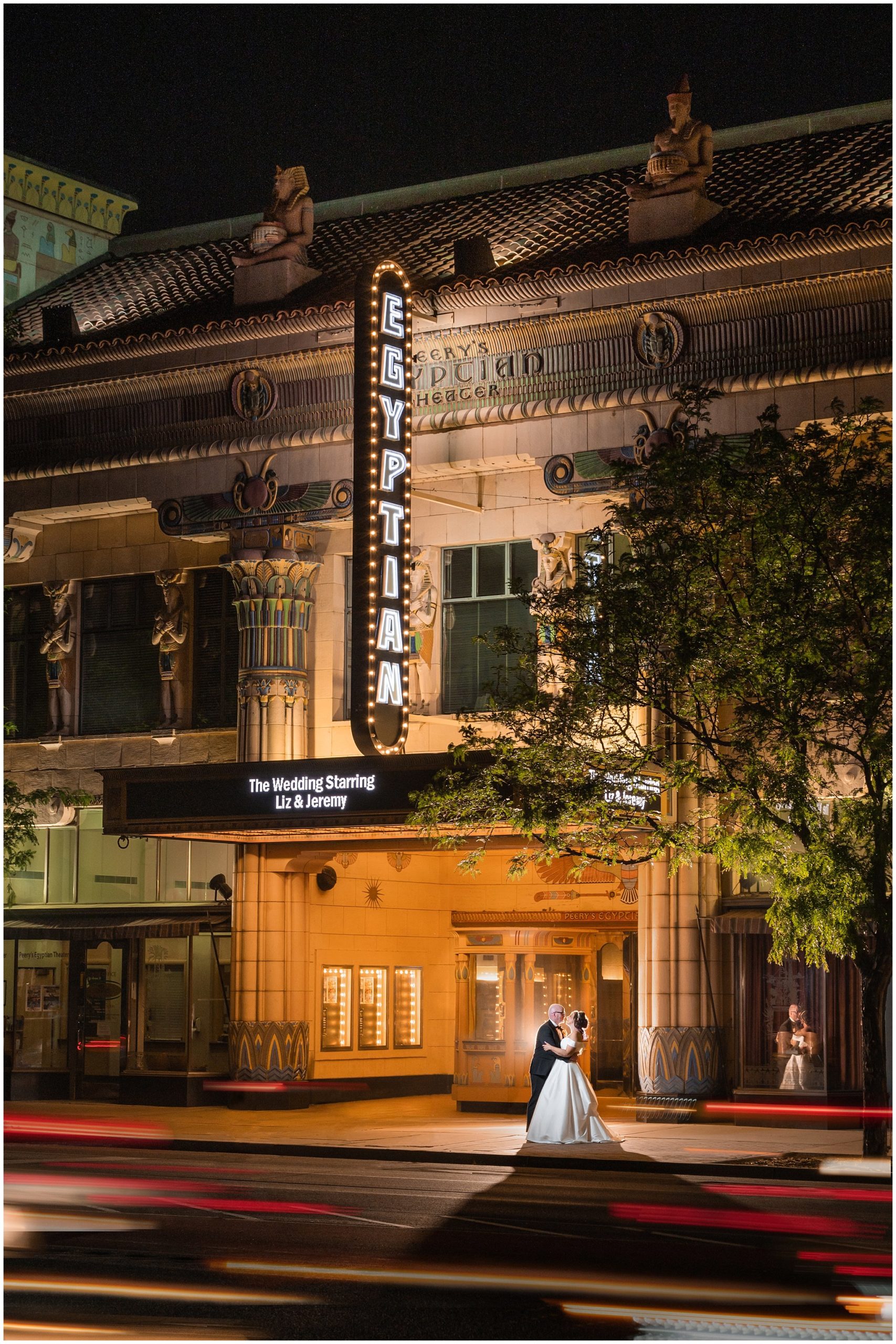 Night portraits of couple outside theater after dark | Broadway Musical Theatre Wedding